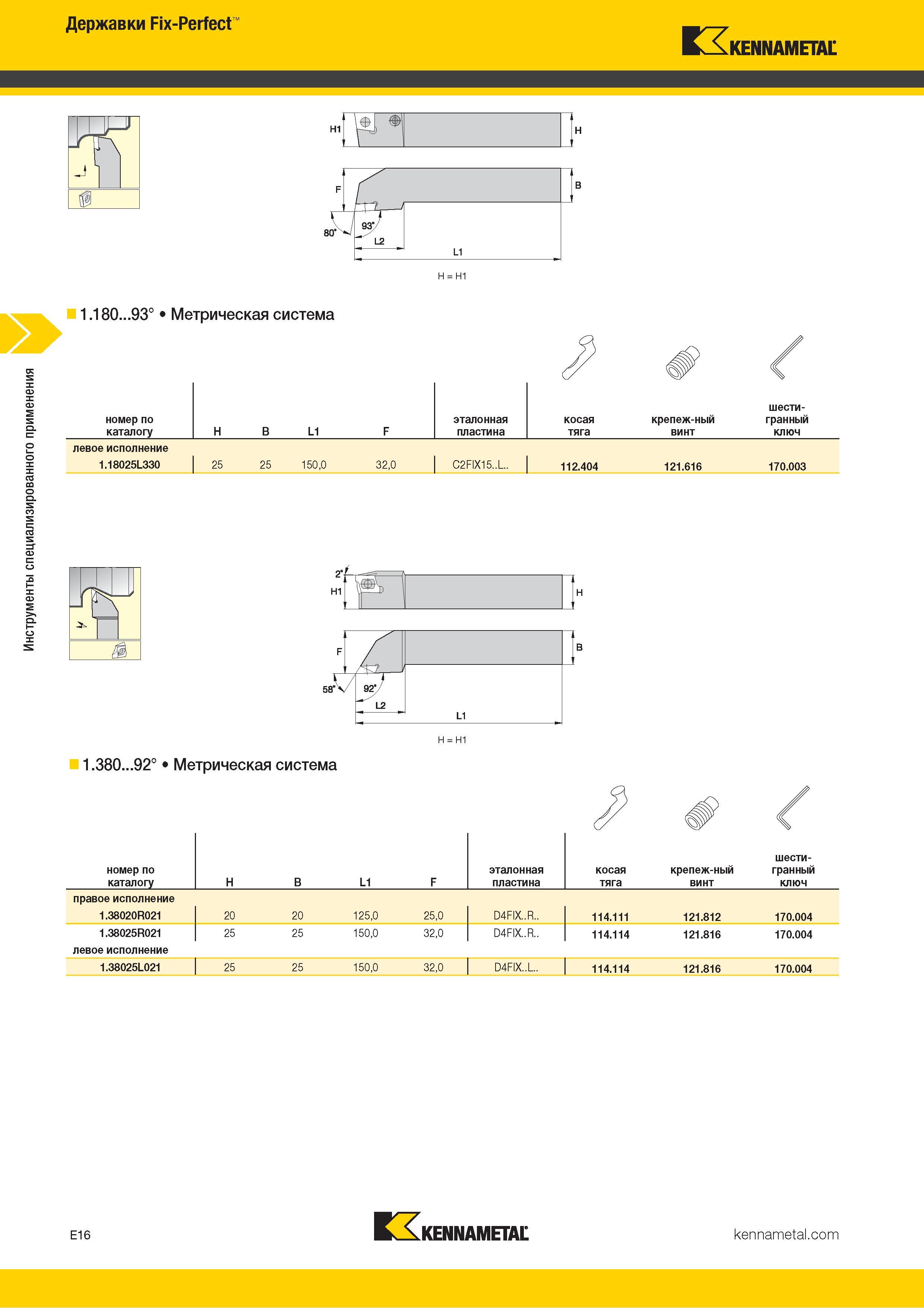 718 Инструменты специализированного применения Державки Fix-Perfect Kennametal номер по каталогу H B L1 F эталонная пластина косая тяга крепеж-ный винт ше Каталог KENNAMETAL 2018 Инструмент токарный Резцы и державки с режущими сменными пластинами для наружного точения и внутреннего растачивания на станках Стр. E16