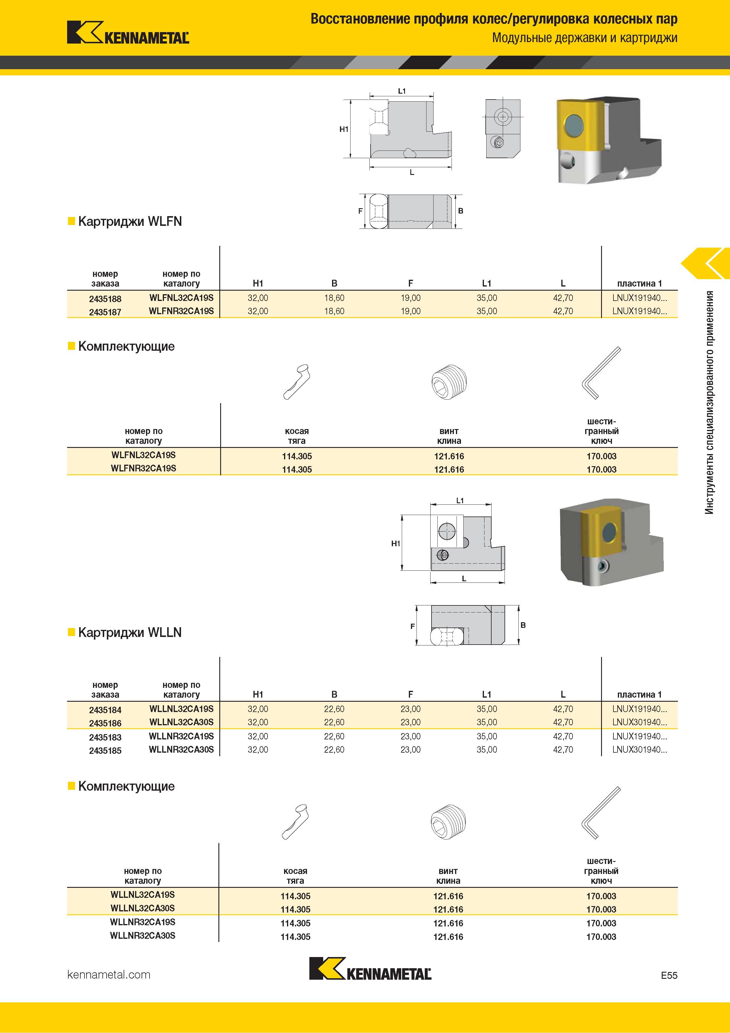 757 Kennametal Восстановление профиля колес/регулировка колесных пар Модульные державки и картриджи Картриджи WLFN 121 номер заказа номер по каталогу H1 B Каталог KENNAMETAL 2018 Инструмент токарный Резцы и державки с режущими сменными пластинами для наружного точения и внутреннего растачивания на станках Стр. E55