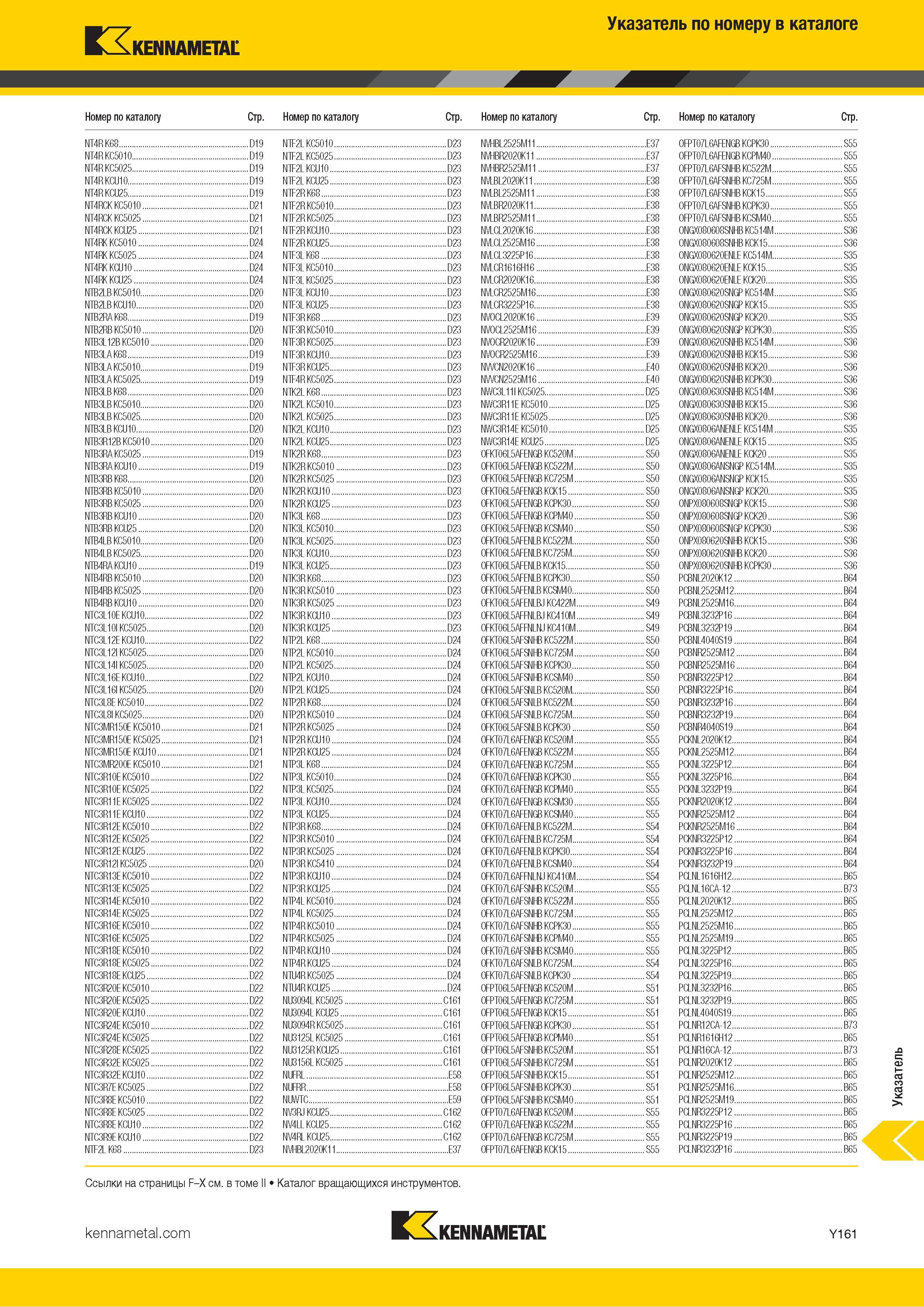 927 Указатель по обозначению инструмента Kennametal в каталоге Каталог KENNAMETAL 2018 Инструмент токарный Резцы и державки с режущими сменными пластинами для наружного точения и внутреннего растачивания на станках Стр. Y161