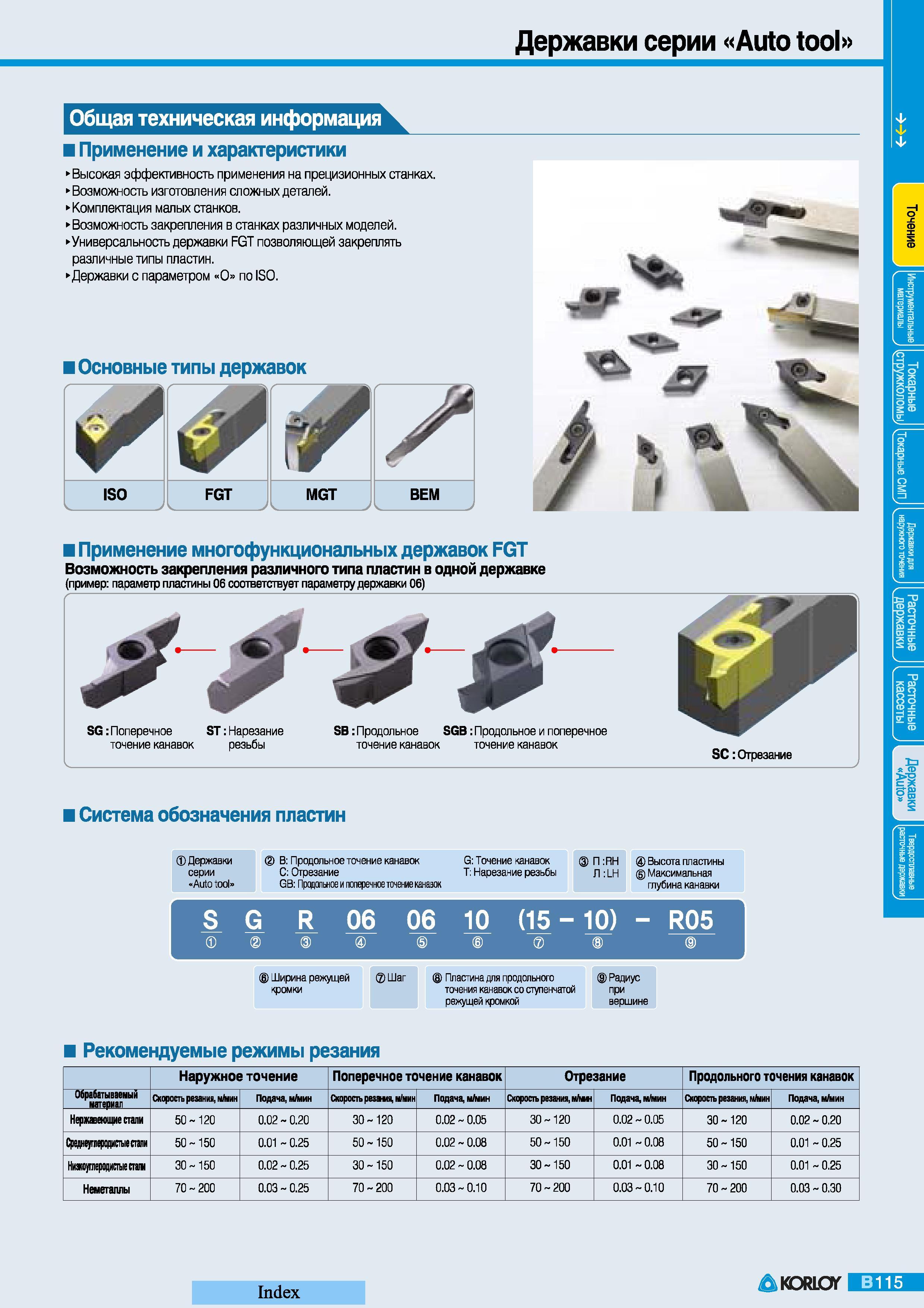 151 Применение и характеристики металлорежущего токарного инструмента Korloy Auto tool серии Высокая эффективность применения на прецизионных металлообраб Каталог KORLOY 2008 Инструмент металлорежущий и инструментальная оснастка Стр. B115
