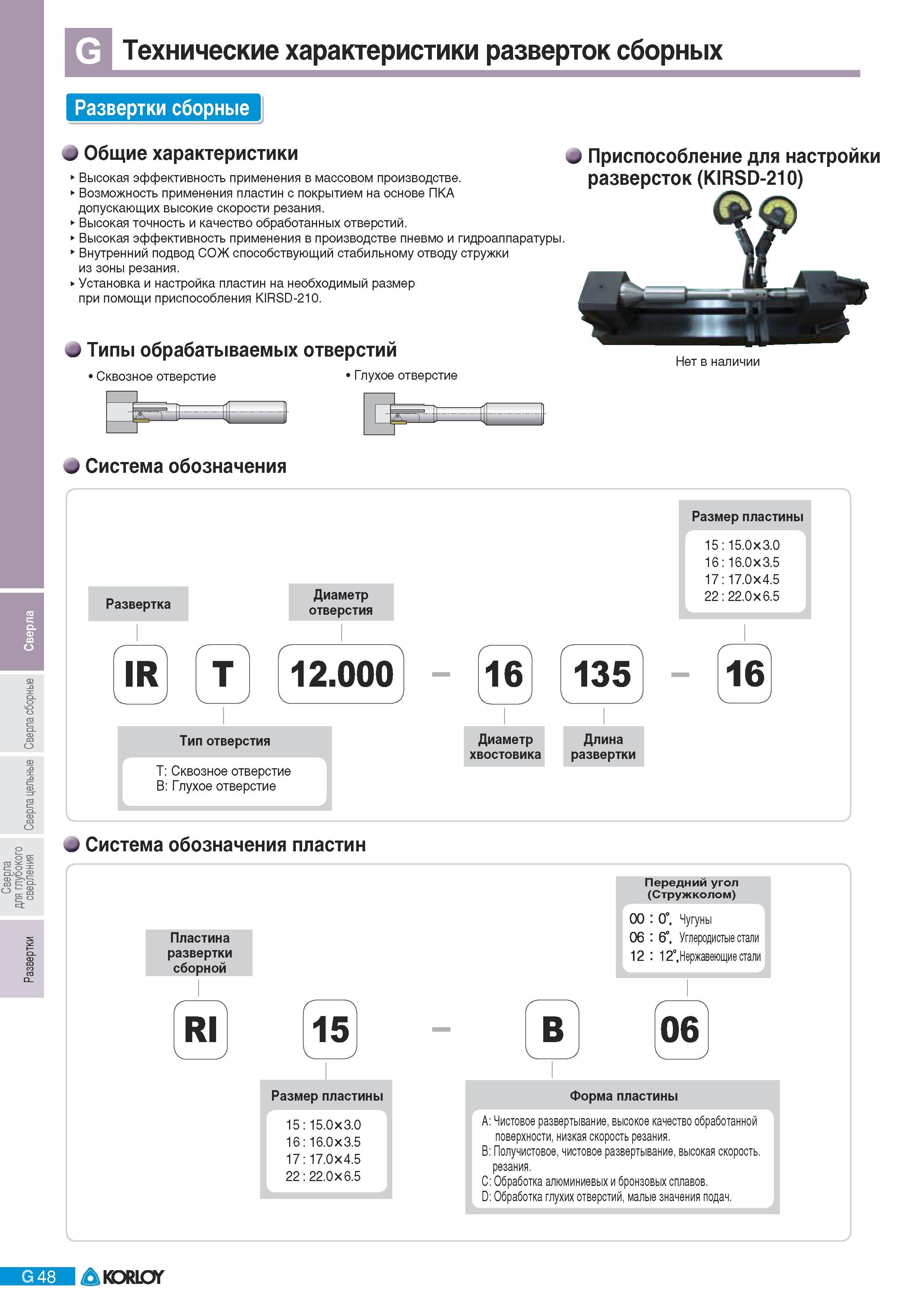 618 Технологические характеристики металлорежущего многолезвийного инструмента Карлой из Южной Кореи Сборные развертки с режущими сменными пластинами из твердо Каталог KORLOY 2011 Металлорежущий инструмент сборный и твердосплавный для металлообрабатывающих станков и оборудования Стр. G48