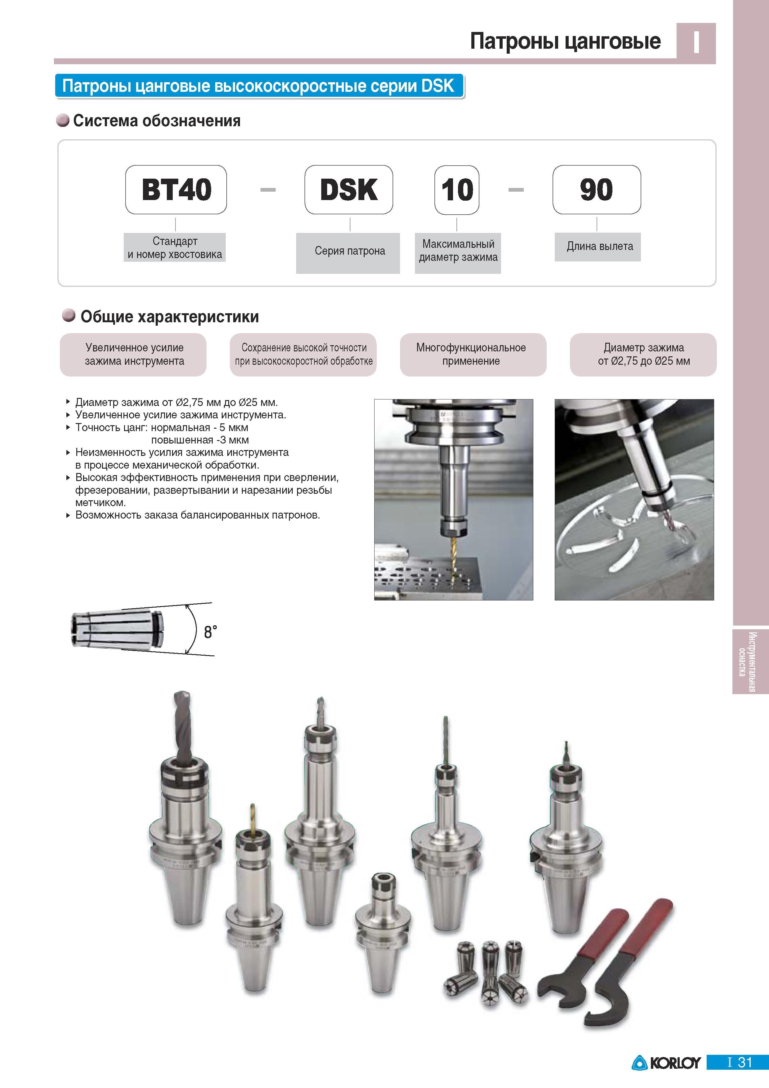 663 Высокоскоростные зажимные цанговые патроны Korloy DSK Общие характеристики и система обозначения инструментальной станочной оснастки из Южной Кореи Увеличе Каталог KORLOY 2011 Металлорежущий инструмент сборный и твердосплавный для металлообрабатывающих станков и оборудования Стр. I31