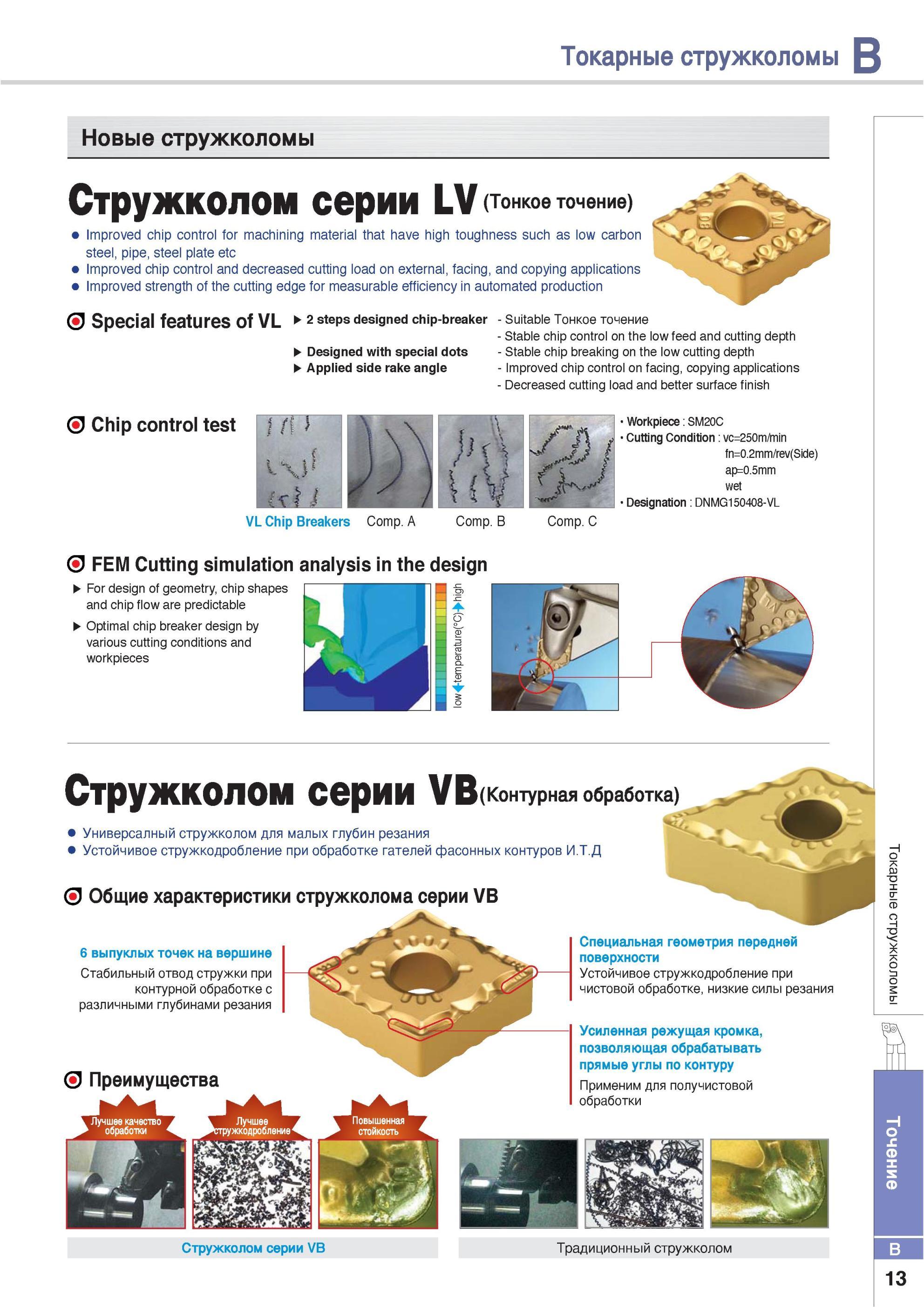 59 Универсалный стружколом Korloy для малых глубин резания Устойчивое стружкодробление при обработке гателей фасонных контуров Общие характеристики стружколом Каталог KORLOY 2013 Металлорежущий инструмент Точение Фрезерование Сверление Инструментальная оснастка Стр. B13