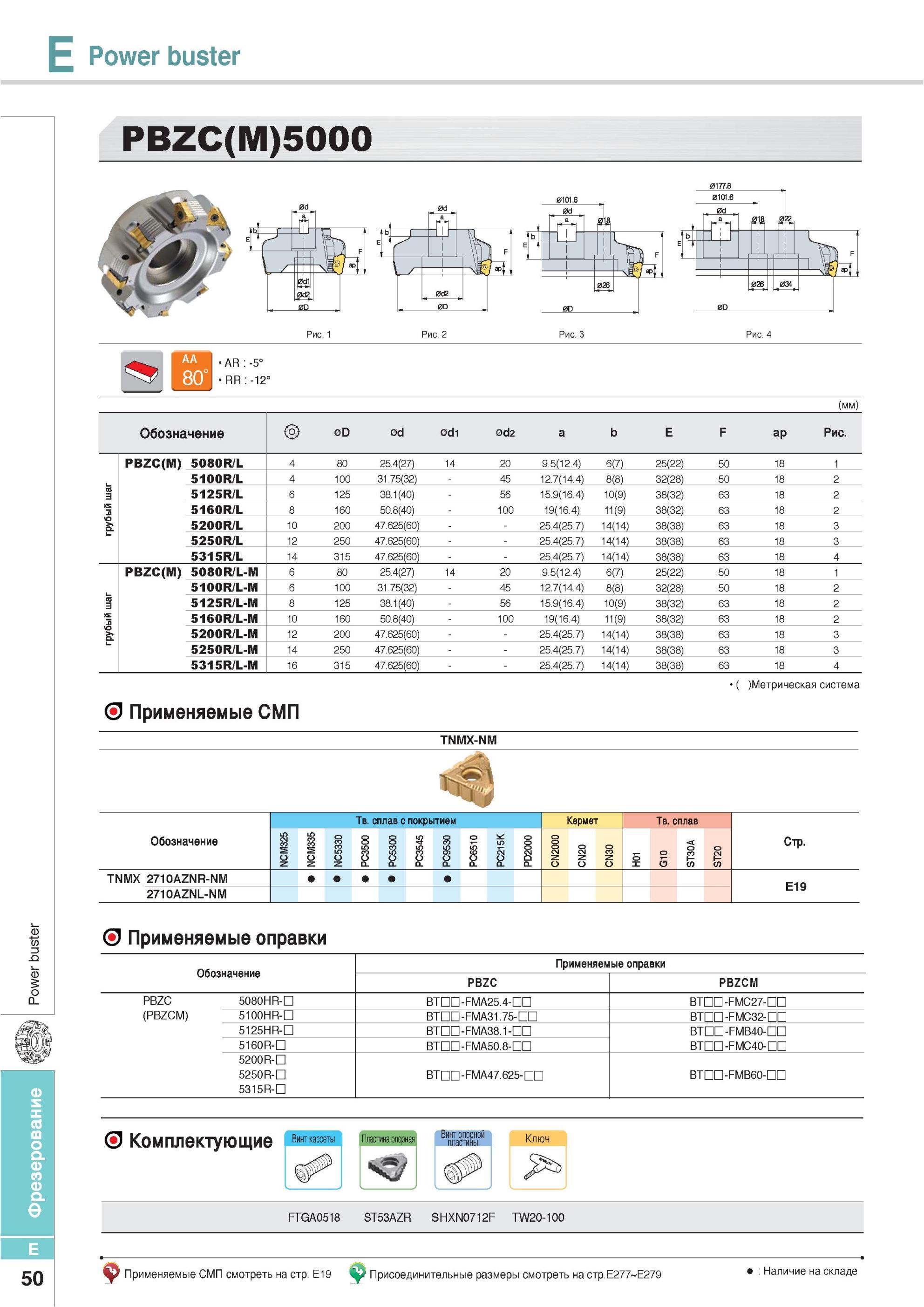 386 Фрезы Korloy Power buster PBZC(M)5000 Обозначение Метрическая система Применяемые СМП TNMX-NM Обозначение Твердый сплав с покрытием NCM325 NCM335 NC5330 PC Каталог KORLOY 2013 Металлорежущий инструмент Точение Фрезерование Сверление Инструментальная оснастка Стр. E50