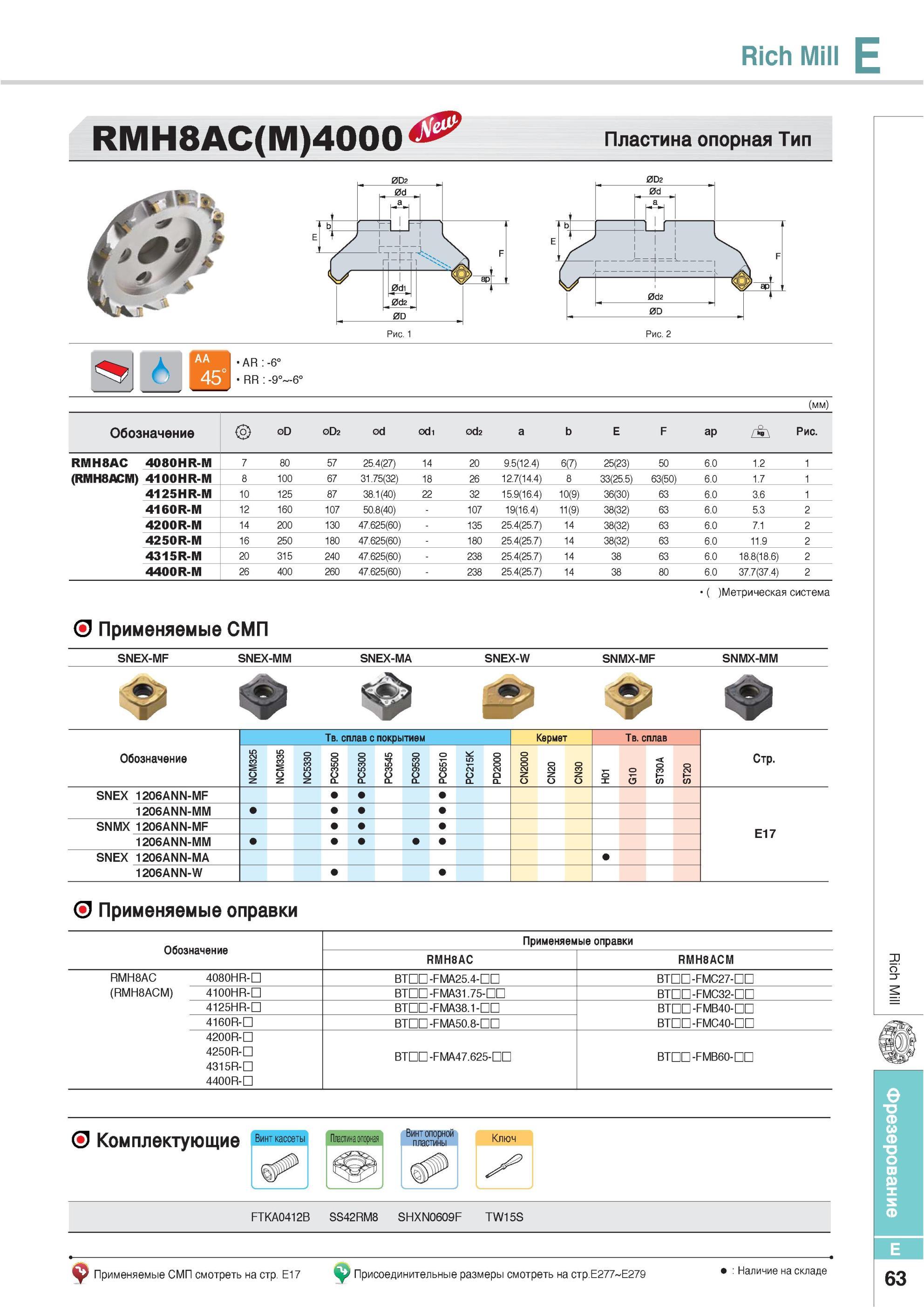 399 Фрезы Korloy Rich Mill RMH8AC(M) 4000 Пластина опорная Метрическая система Применяемые СМП SNEX-MF SNEX-MM SNEX-MA SNEX-W SNMX-MF SNMX-MM Твердый сплав с п Каталог KORLOY 2013 Металлорежущий инструмент Точение Фрезерование Сверление Инструментальная оснастка Стр. E63