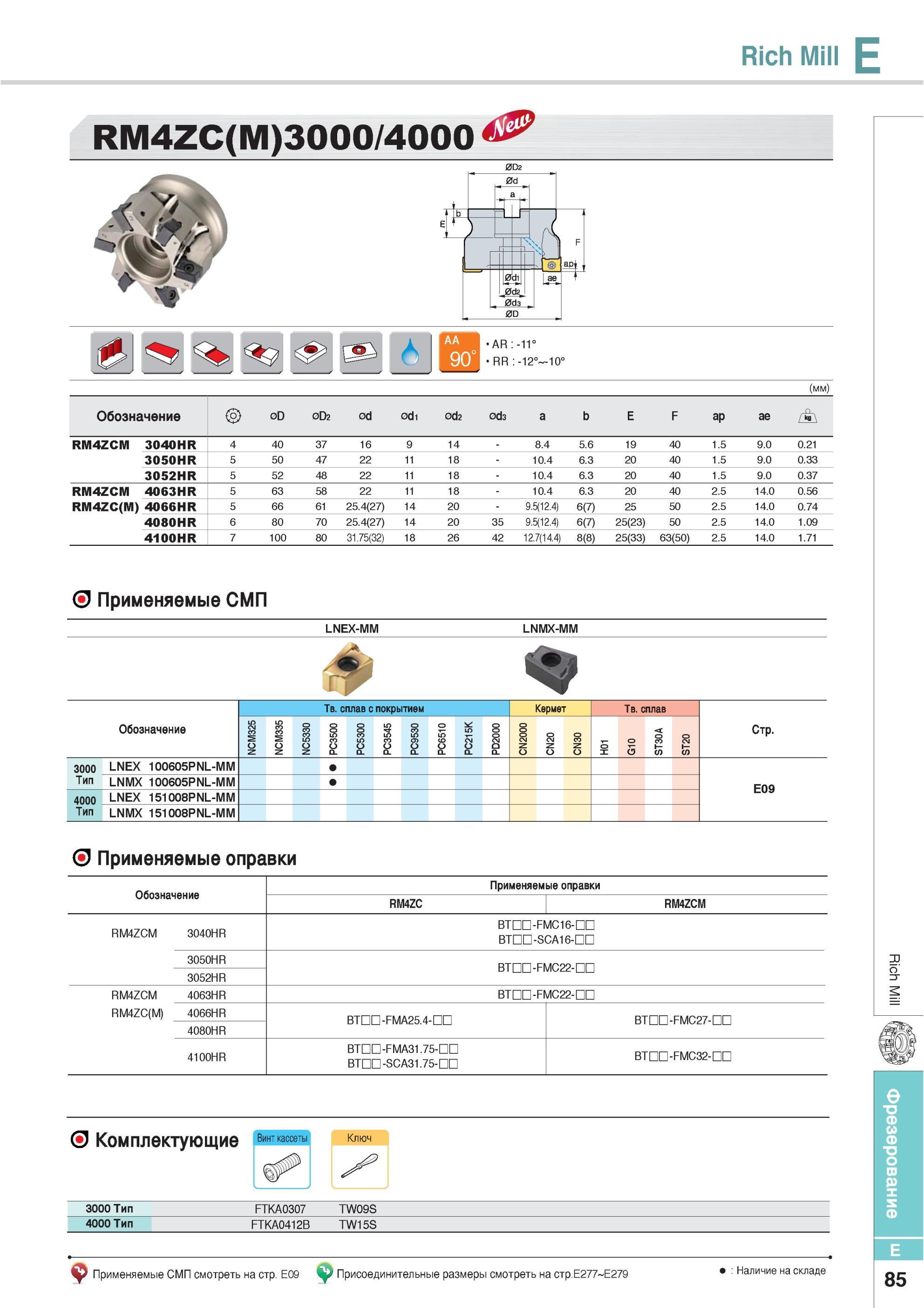 421 Фрезы Korloy Rich Mill RM4ZC(M)3000 / 4000 Применяемые СМП LNEX-MM LNMX-MM Твердый сплав с покрытием Кермет PC9530 PC6510 PC215K PD2000 CN2000 CN20 CN30 01 Каталог KORLOY 2013 Металлорежущий инструмент Точение Фрезерование Сверление Инструментальная оснастка Стр. E85