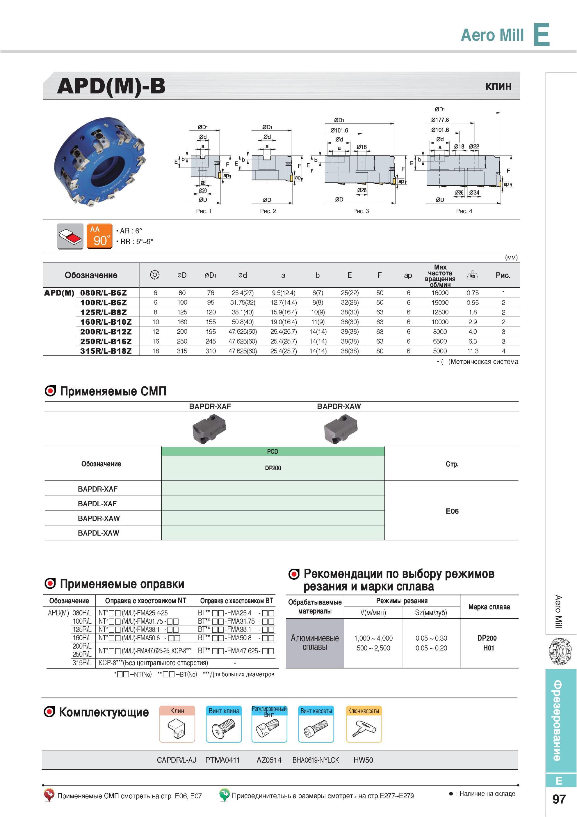 433 Фрезы Korloy Aero Mill APD(M)-B Обозначение Max частота вращения об/мин Метрическая система Применяемые СМП BAPDR-XAF BAPDR-XAW V PCD Обозначение DP200 BAP Каталог KORLOY 2013 Металлорежущий инструмент Точение Фрезерование Сверление Инструментальная оснастка Стр. E97