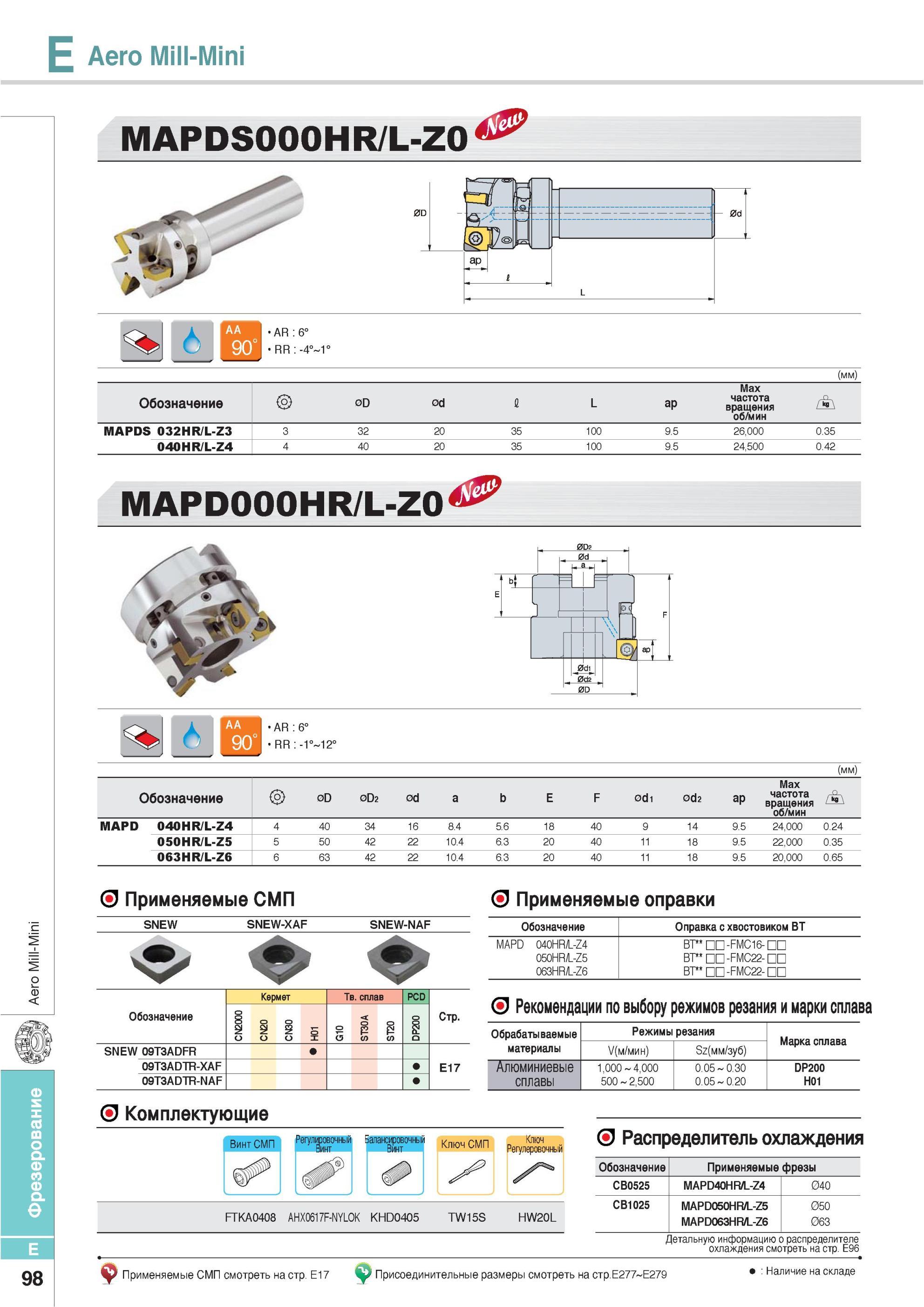 434 Фрезы Korloy Aero Mill-Mini Применяемые СМП Применяемые оправки SNEW SNEW-XAF SNEW-NAF Обозначение Оправка с хвостовиком BT MAPD 040HR/L-Z4 BT -FMC16- 050H Каталог KORLOY 2013 Металлорежущий инструмент Точение Фрезерование Сверление Инструментальная оснастка Стр. E98