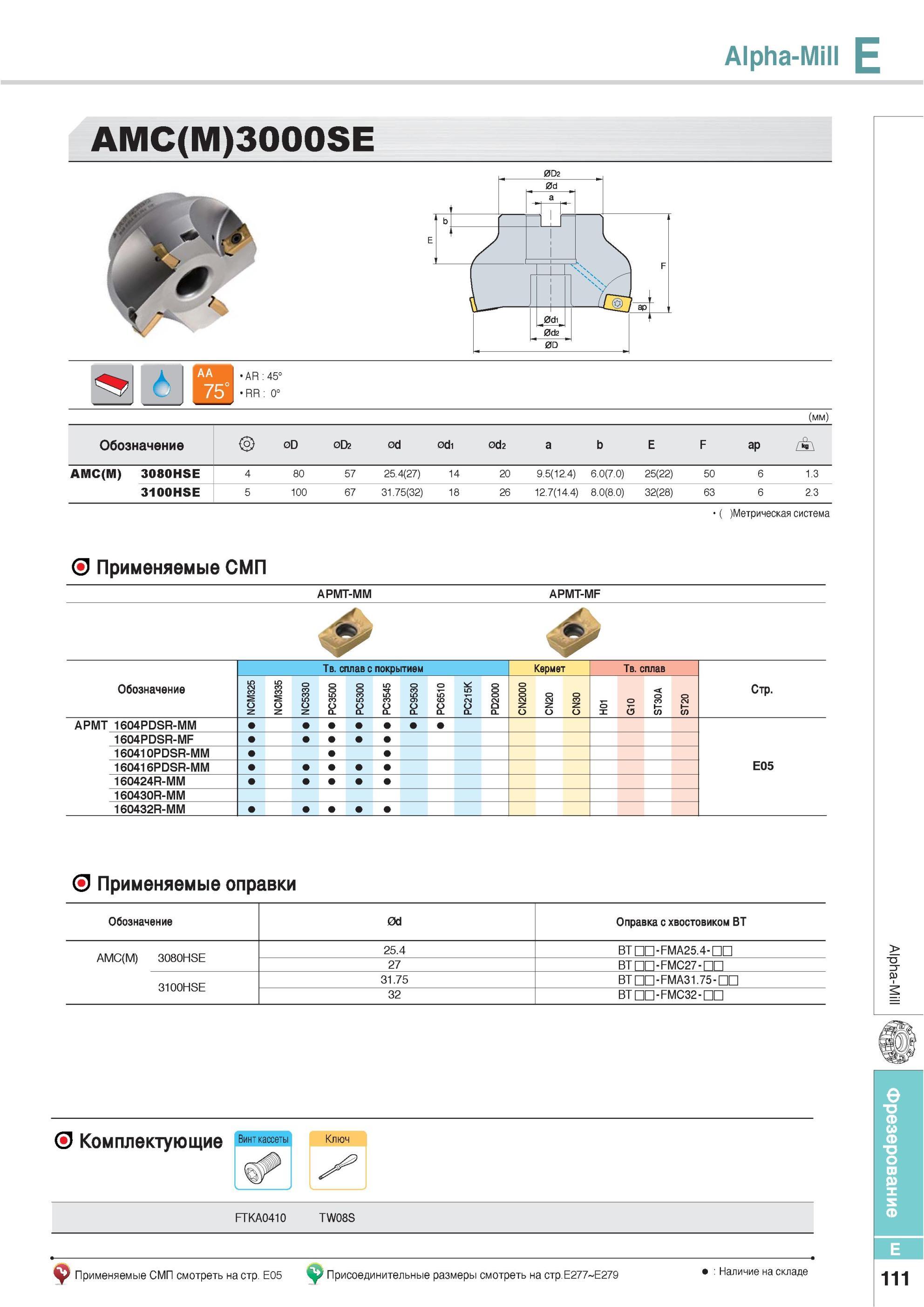 447 Фрезы Korloy Alpha-Mill AMC(M) 3000SE Обозначение Метрическая система Применяемые СМП APMT-MM APMT-MF Обозначение Твердый сплав с покрытием PC5300 PC3545 P Каталог KORLOY 2013 Металлорежущий инструмент Точение Фрезерование Сверление Инструментальная оснастка Стр. E111