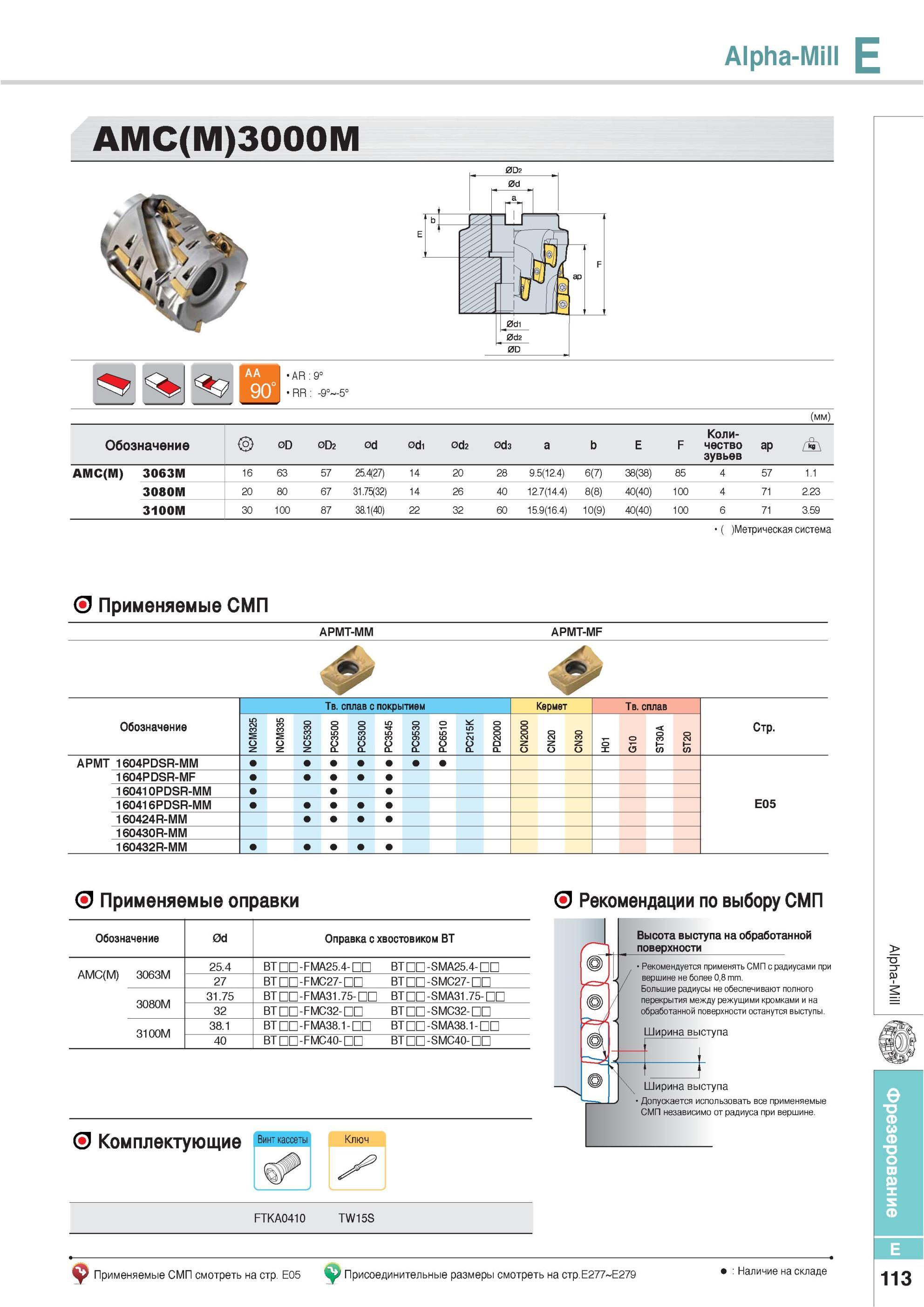 449 Фрезы Korloy Alpha-Mill AMC(M) 3000M Обозначение Количество зубьев Метрическая система AA 90 Применяемые СМП APMT-MM APMT-MF Твердый сплав с покрытием Керм Каталог KORLOY 2013 Металлорежущий инструмент Точение Фрезерование Сверление Инструментальная оснастка Стр. E113