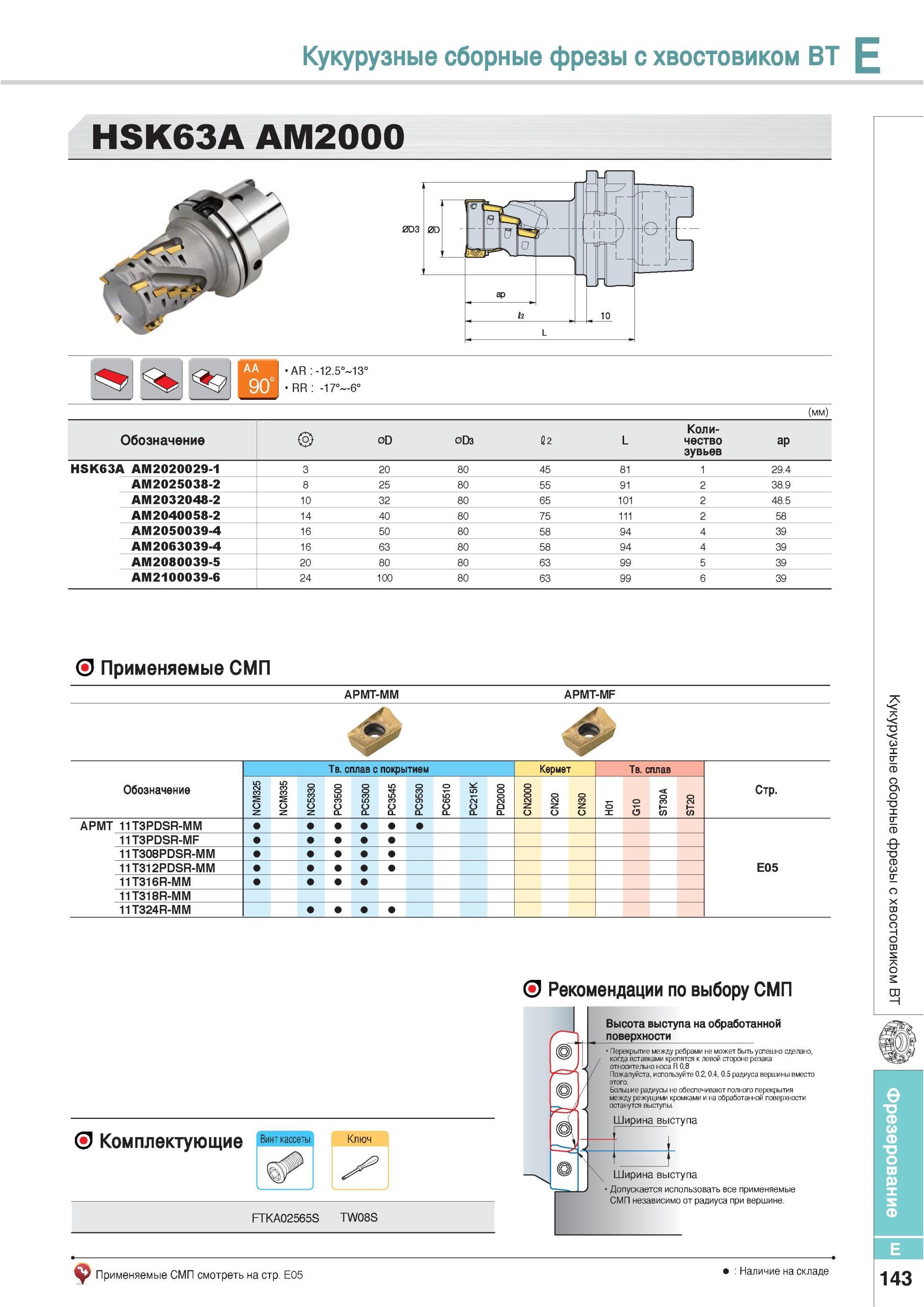 479 Кукурузные сборные фрезы Korloy с хвостовиком BT HSK63A AM2000 Обозначение 0D 0D3 2 L Количество зубьев ap HSK63A AM2020029-1 20 80 45 81 1 29 4 AM2025038- Каталог KORLOY 2013 Металлорежущий инструмент Точение Фрезерование Сверление Инструментальная оснастка Стр. E143