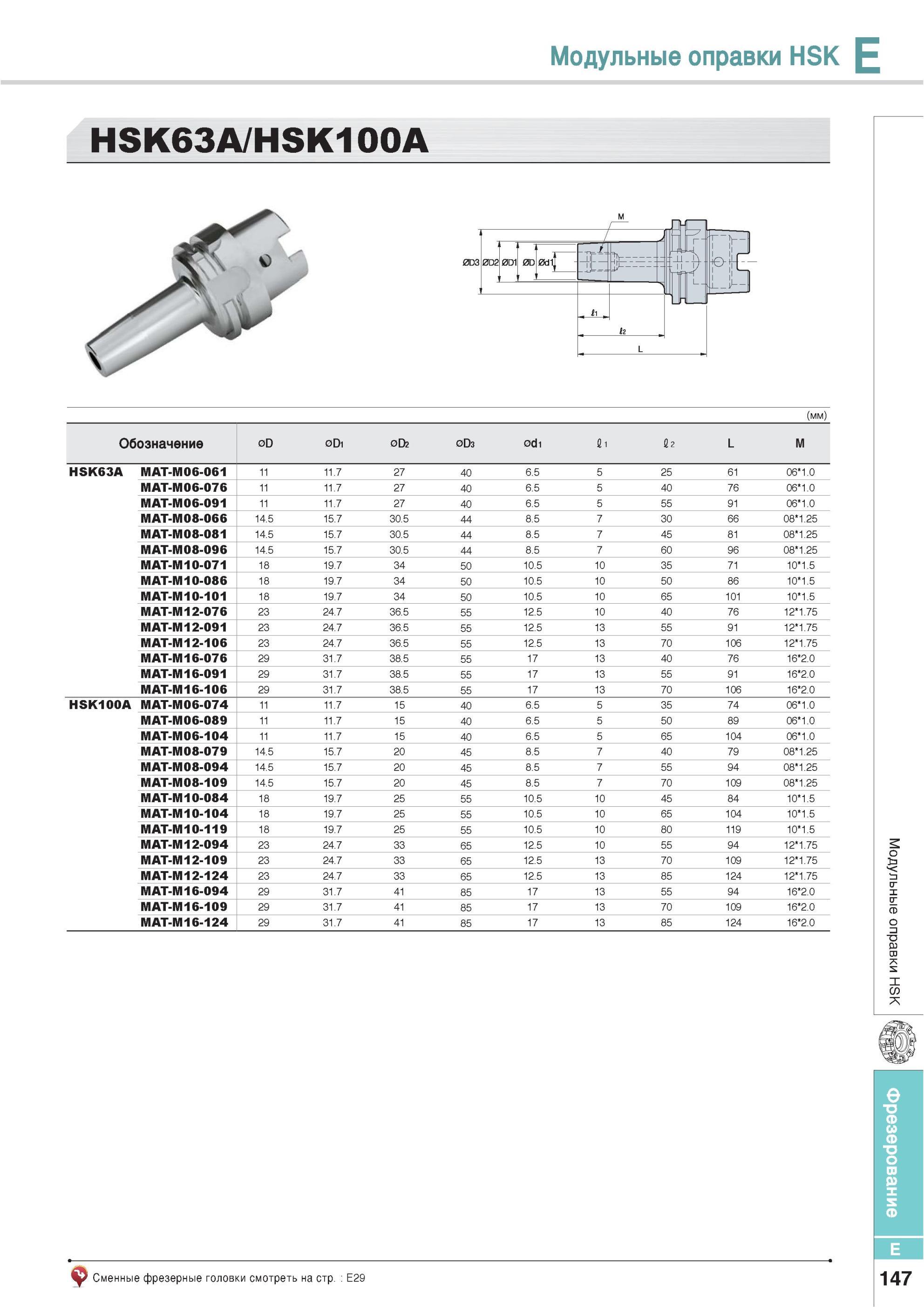 483 Модульные оправки Korloy HSK E HSK63A/HSK100A Обозначение HSK63A MAT-M06-061 11 11 7 27 40 6 5 5 25 61 061 0 MAT-M06-076 11 11 7 27 40 6 5 5 40 76 061 0 MA Каталог KORLOY 2013 Металлорежущий инструмент Точение Фрезерование Сверление Инструментальная оснастка Стр. E147