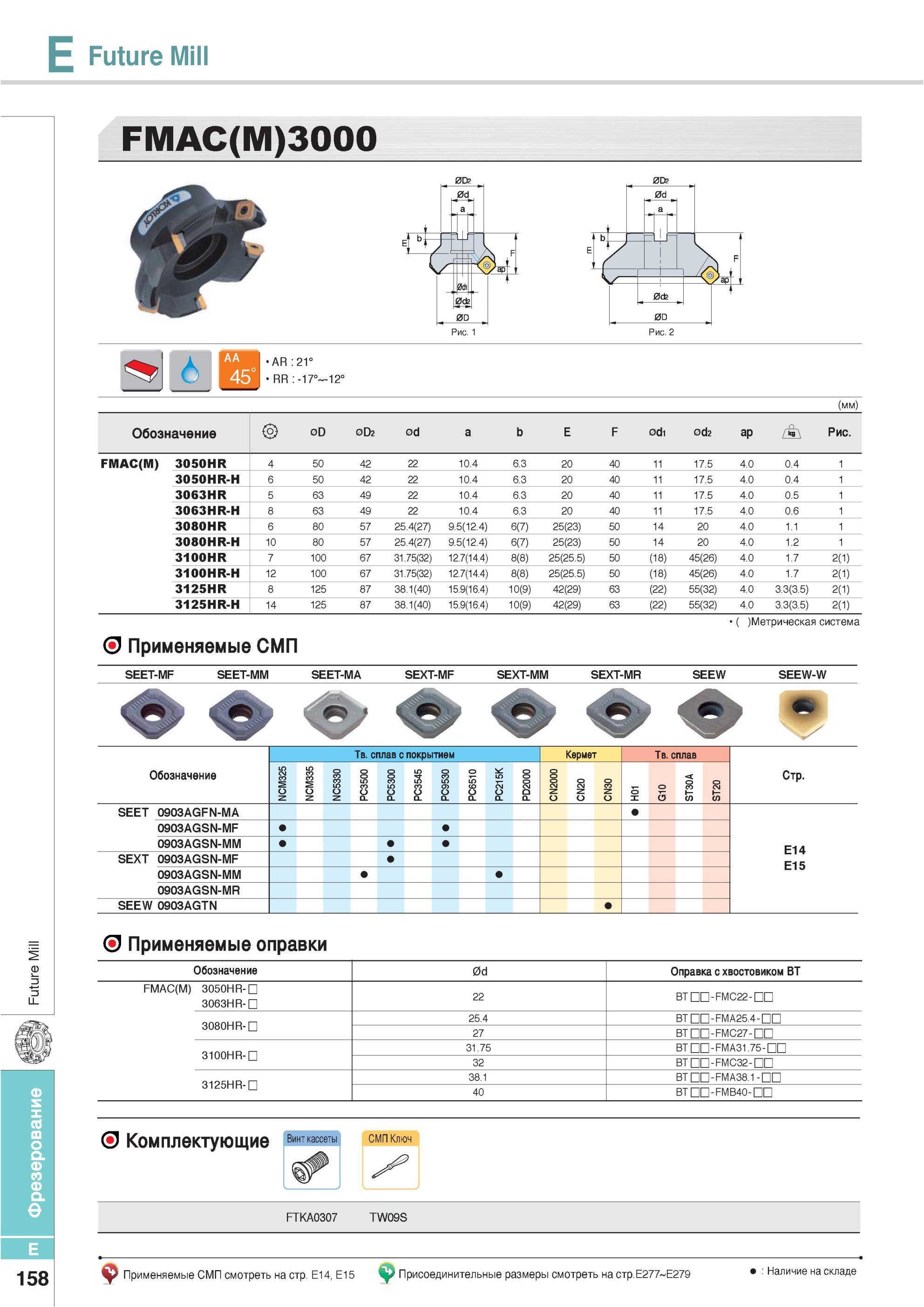 494 Фрезы Korloy Future Mill FMAC(M) 3000 Обозначение Метрическая система Применяемые СМП SEET-MF SEET-MM SEET-MA SEXT-MF SEXT-MM SEXT-MR SEEW SEEW-W Обозначен Каталог KORLOY 2013 Металлорежущий инструмент Точение Фрезерование Сверление Инструментальная оснастка Стр. E158