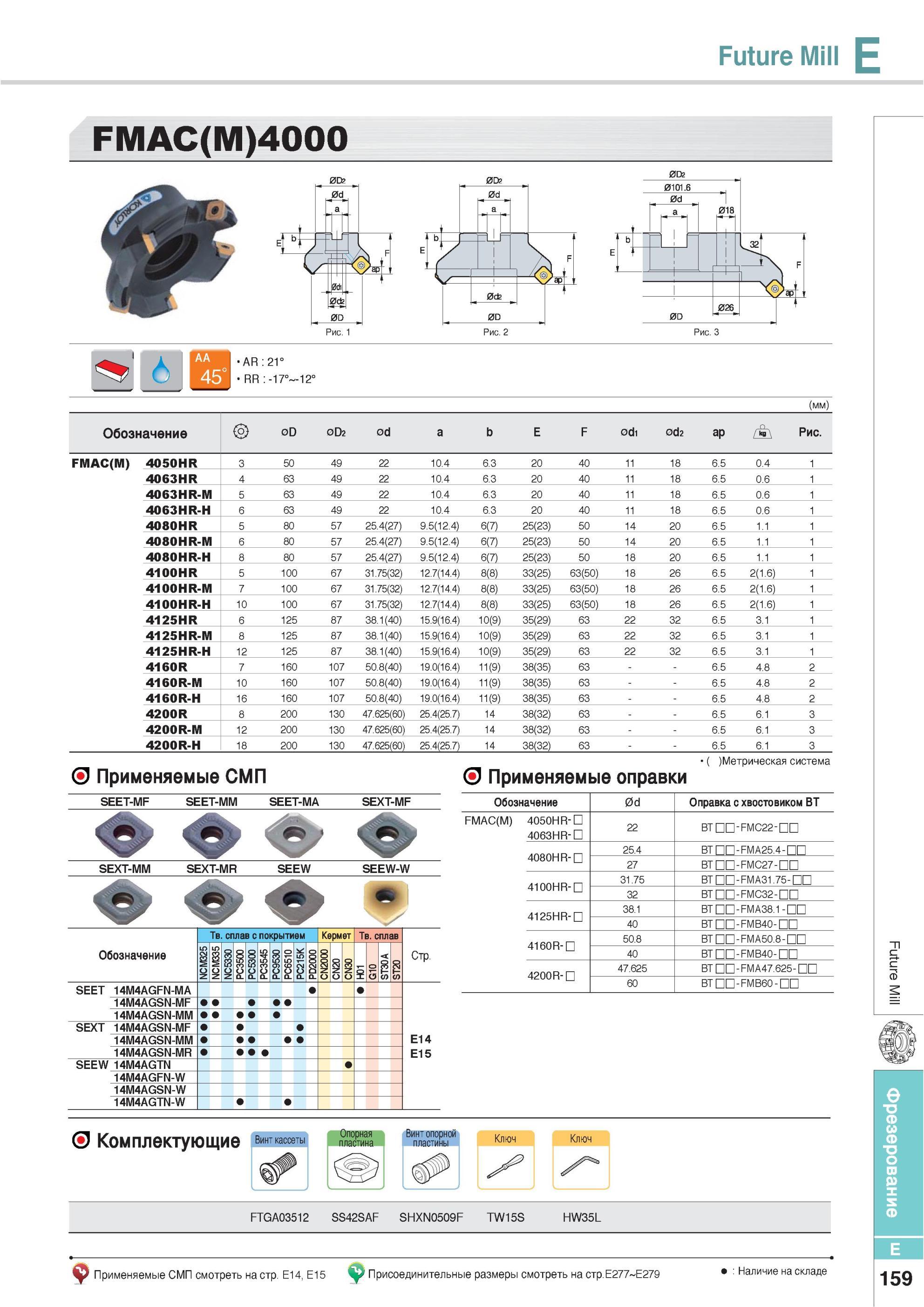 495 Фрезы Korloy Future Mill FMAC(M) 4000 Обозначение FMAC(M) Применяемые СМП Применяемые оправки Метрическая система SEET-MF SEET-MM SEET-MA SEXT-MF SEXT-MM S Каталог KORLOY 2013 Металлорежущий инструмент Точение Фрезерование Сверление Инструментальная оснастка Стр. E159
