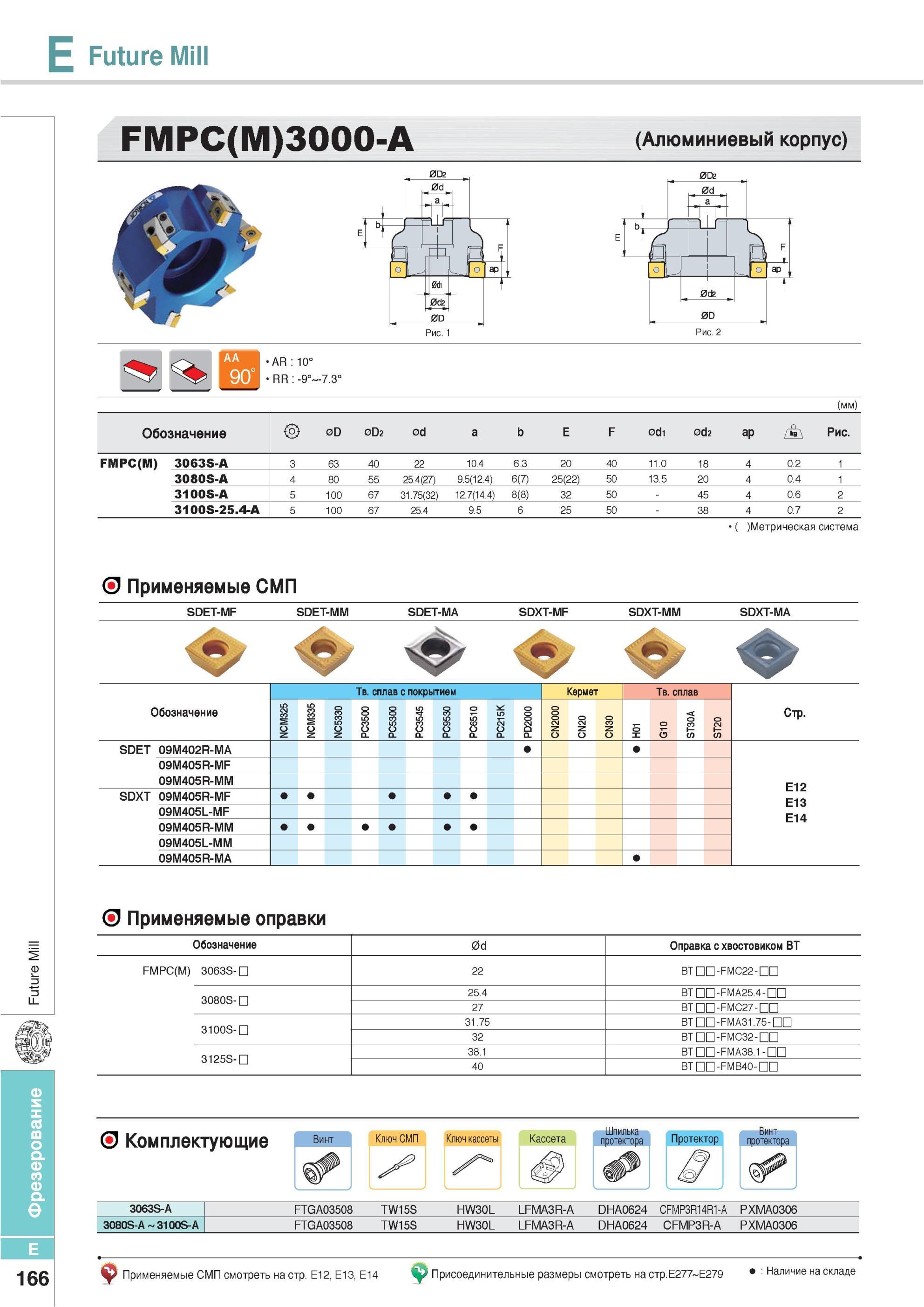502 Фрезы Korloy Future Mill FMPC(M)3000-A Алюминиевый корпус Обозначение Метрическая система Применяемые СМП SDET-MF SDET-MM SDET-MA SDXT-MF SDXT-MM SDXT-MA О Каталог KORLOY 2013 Металлорежущий инструмент Точение Фрезерование Сверление Инструментальная оснастка Стр. E166