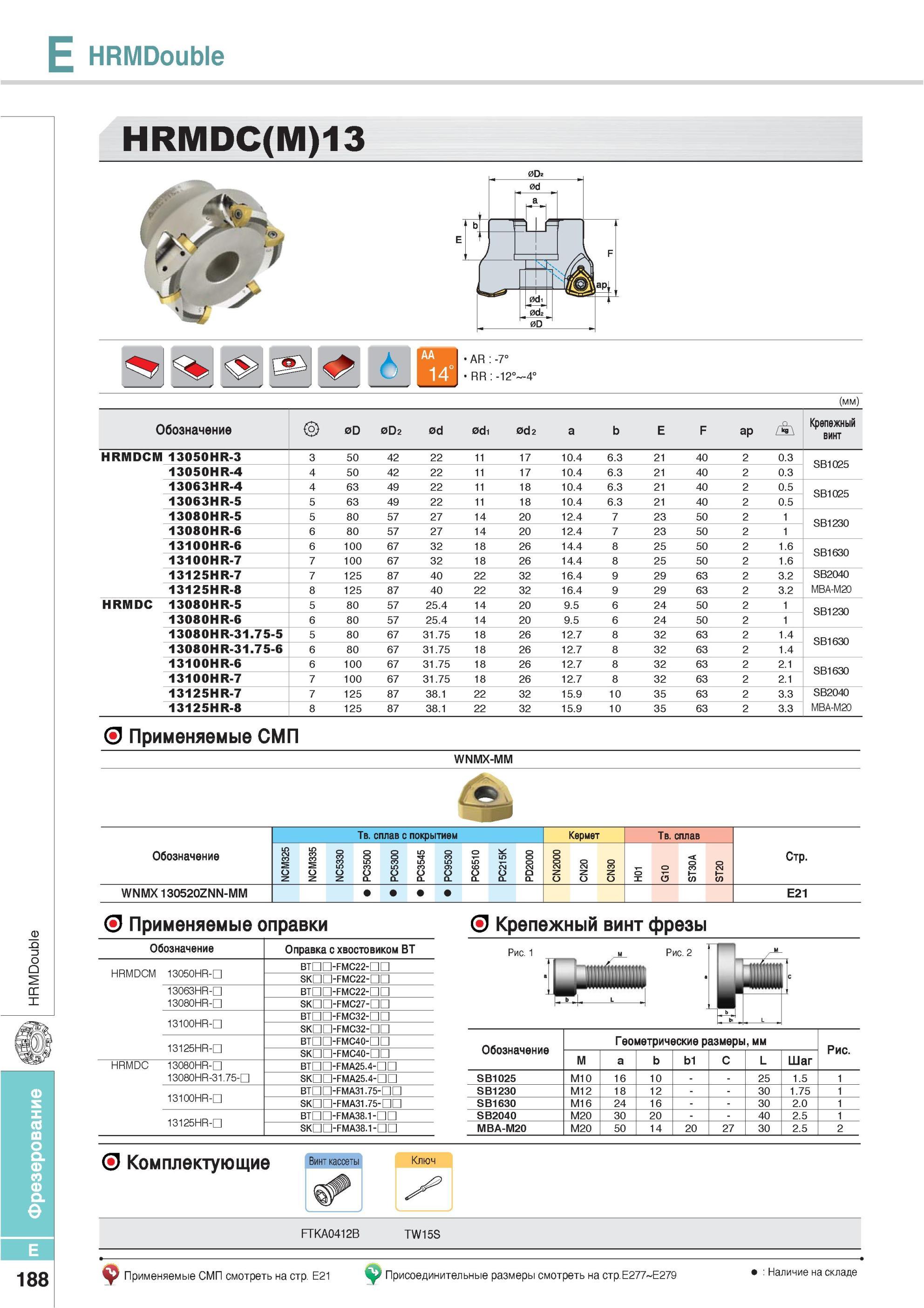 524 Фрезы HRMDouble HRMDC(M)13 Применяемые СМП WNMX-MM Применяемые оправки Крепежный винт фрезы Обозначение Оправка с хвостовиком BT HRMDCM 13050HR-D BTCO-FMC2 Каталог KORLOY 2013 Металлорежущий инструмент Точение Фрезерование Сверление Инструментальная оснастка Стр. E188