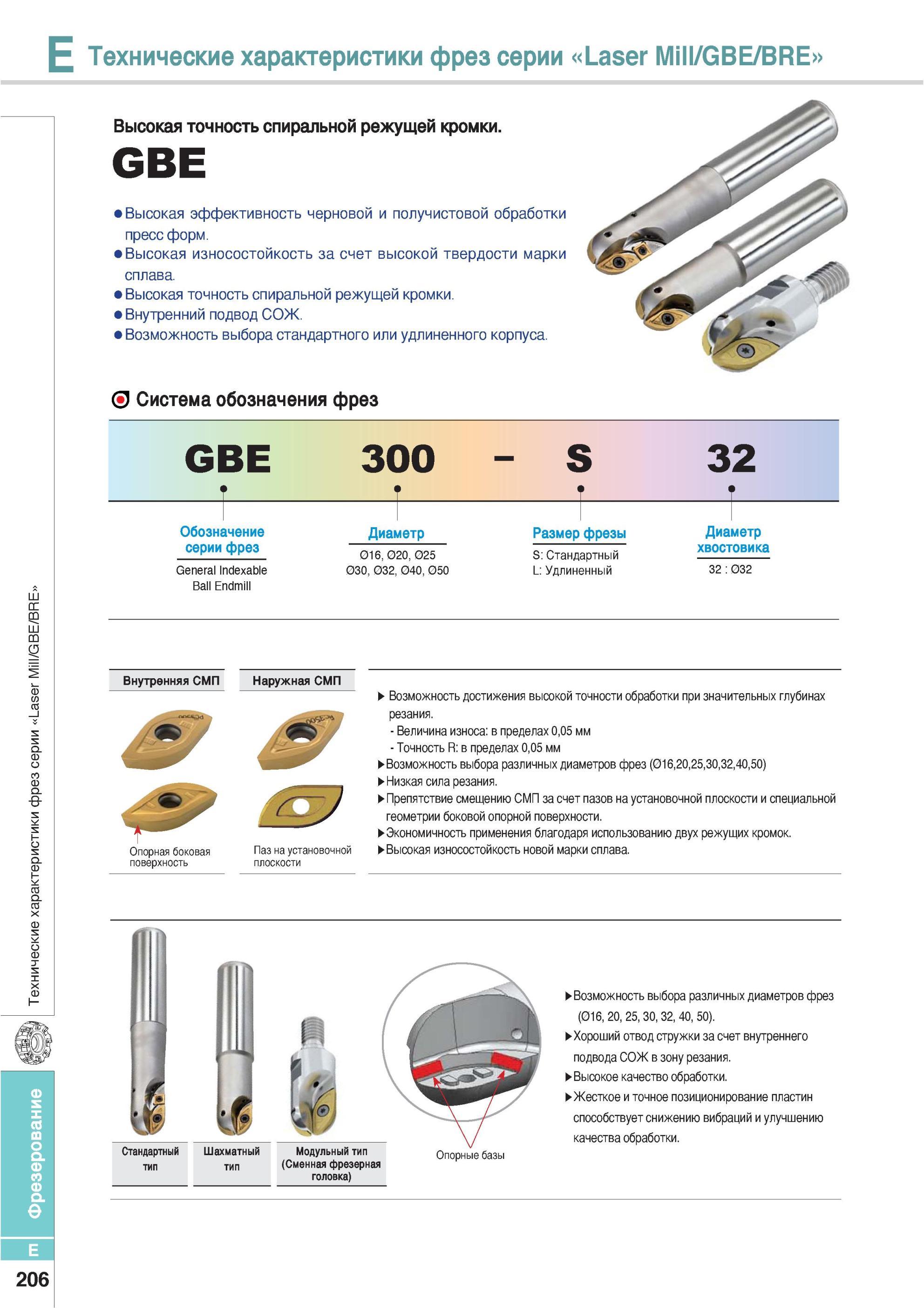 542 Высокая точность спиральной режущей кромки фрез Korloy серии Laser Mill/GBE/BRE Высокая эффективность черновой и получистовой обработки пресс форм Высокая Каталог KORLOY 2013 Металлорежущий инструмент Точение Фрезерование Сверление Инструментальная оснастка Стр. E206
