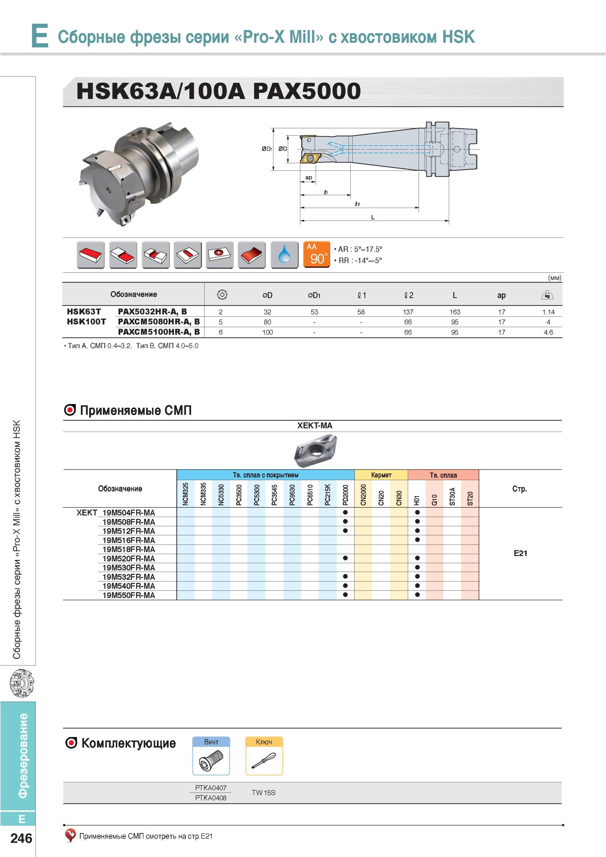 582 Сборные фрезы Korloy серии Pro-X Mill с хвостовиком HSK HSK63A/100A PAX5000 AR 5° 17 5° RR -14° -5° Обозначение Применяемые СМП XEKT-MA Твердый сплав с пок Каталог KORLOY 2013 Металлорежущий инструмент Точение Фрезерование Сверление Инструментальная оснастка Стр. E246