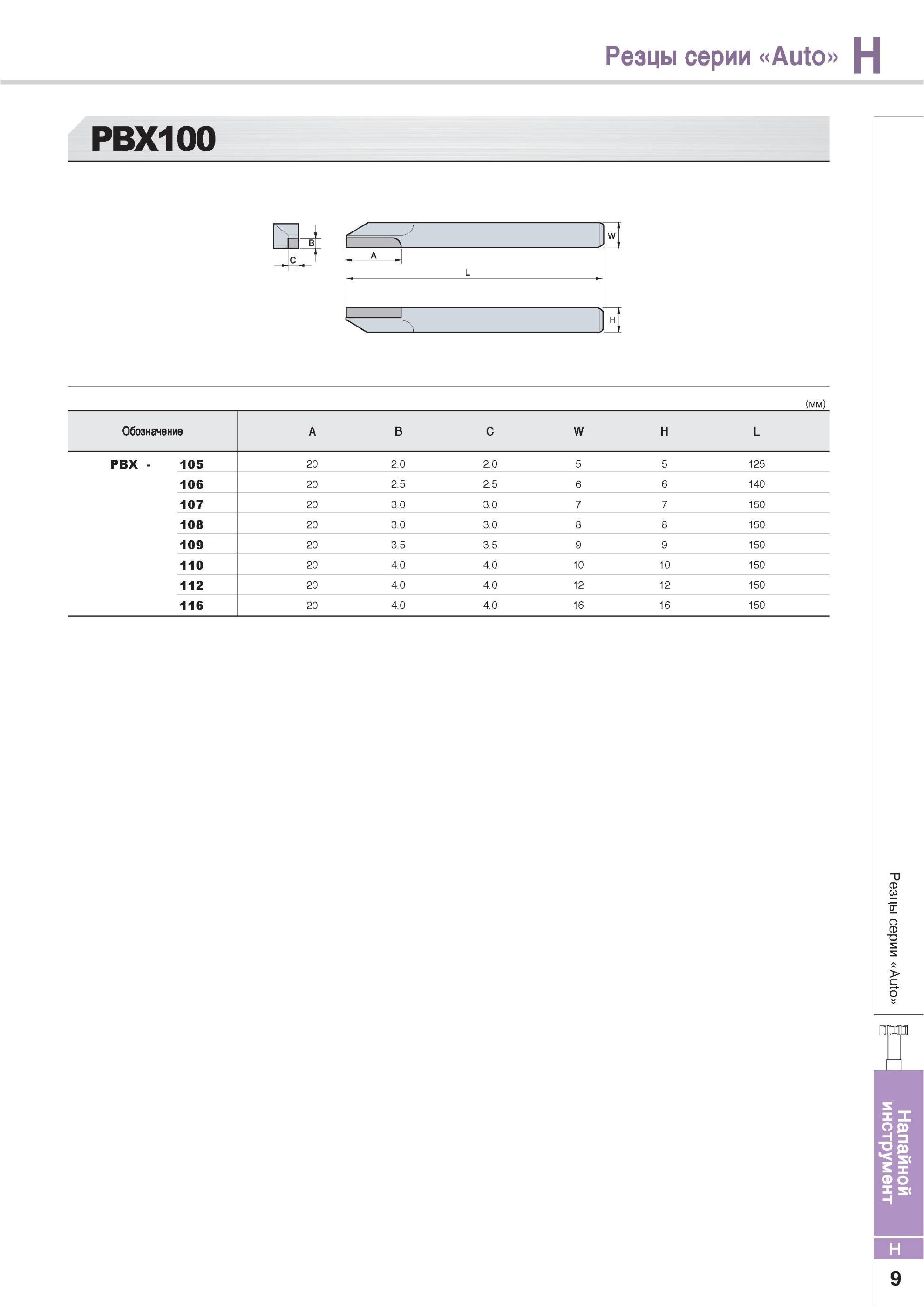 785 Резцы Korloy серии Auto H PBX100 Обозначение Напайной инструмент A B C W H L PBX 105 20 2 0 2 0 5 5 125 106 20 2 5 2 5 6 6 140 107 20 3 0 3 0 7 7 150 108 2 Каталог KORLOY 2013 Металлорежущий инструмент Точение Фрезерование Сверление Инструментальная оснастка Стр. H9