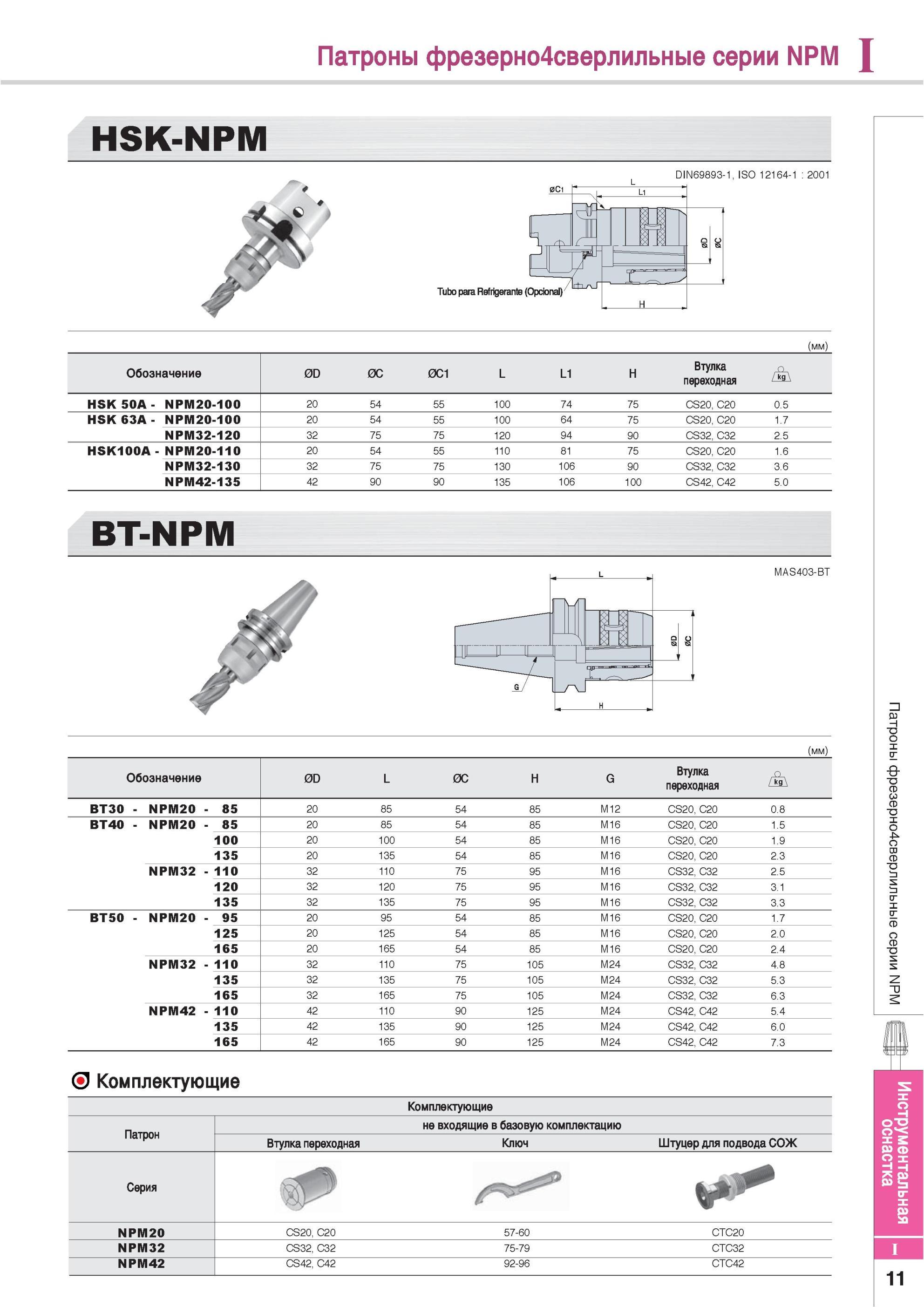 801 Патроны фрезерно-сверлильные Korloy серии NPM HSK-NPM Обозначение 0D 0C 0C1 L L1 H Втулка переходная HSK 50A NPM20-100 Инструментальная оснастка 20 54 55 1 Каталог KORLOY 2013 Металлорежущий инструмент Точение Фрезерование Сверление Инструментальная оснастка Стр. I11