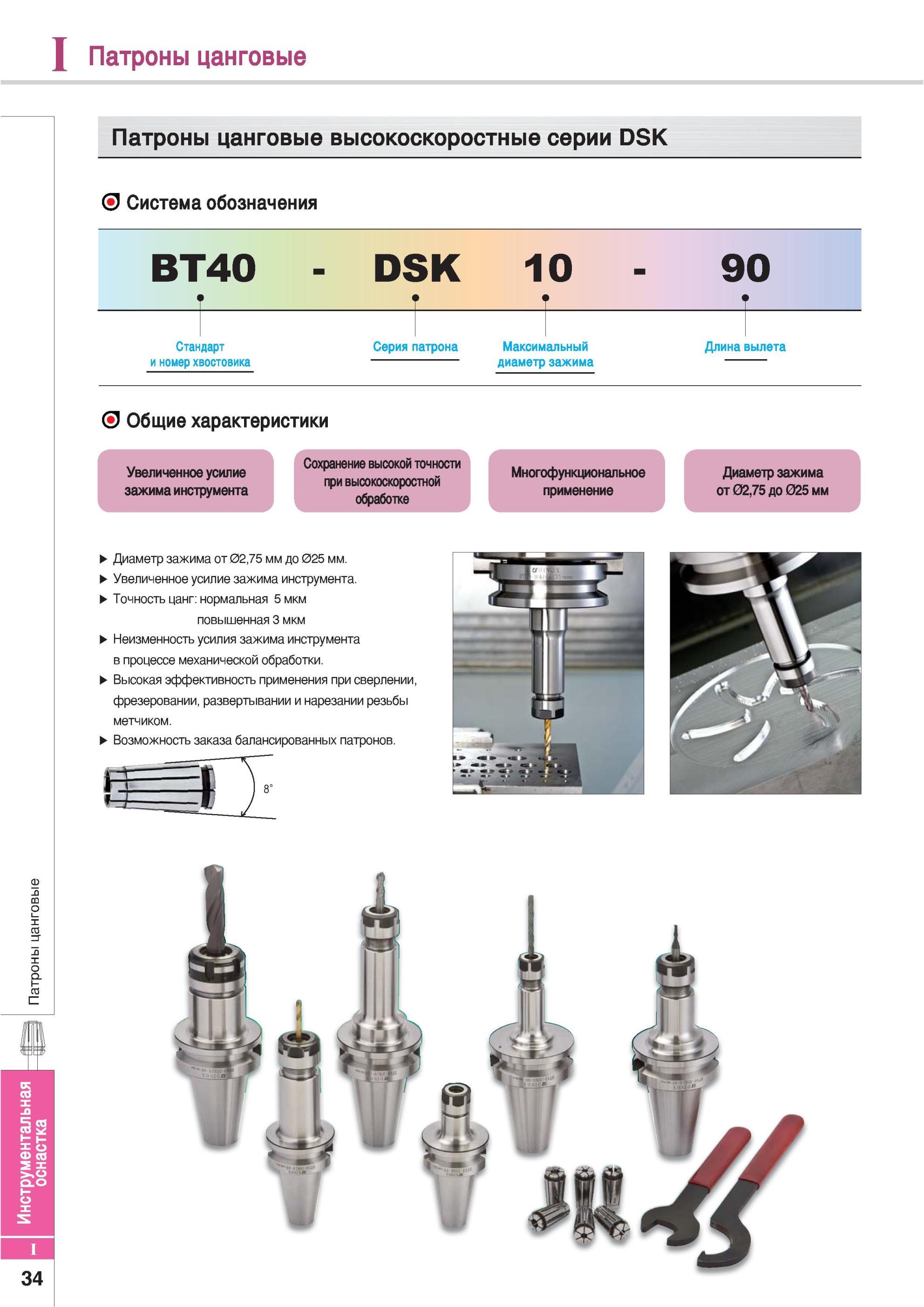 824 Патроны цанговые высокоскоростные Korloy серии DSK Система обозначения BT40 DSK 10 90 Стандарт и номер хвостовика Серия патрона Максимальный диаметр зажима Каталог KORLOY 2013 Металлорежущий инструмент Точение Фрезерование Сверление Инструментальная оснастка Стр. I34