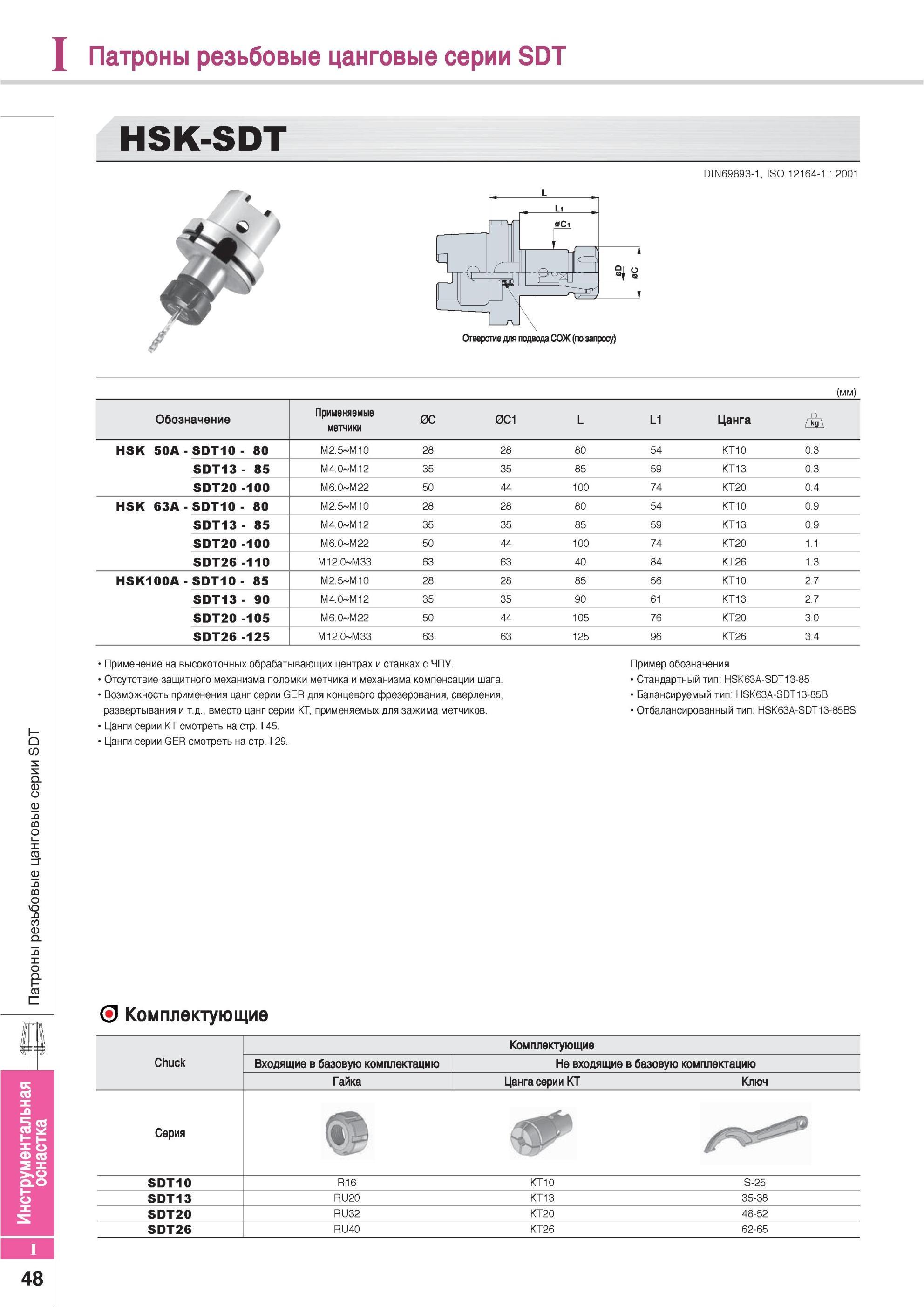 838 Патроны резьбовые цанговые Korloy серии SDT 48 HSK-SDT DIN69893-1 ISO 12164-1 2001 Отверстие для подвода СОЖ (по запросу) Обозначение Применяемые метчики И Каталог KORLOY 2013 Металлорежущий инструмент Точение Фрезерование Сверление Инструментальная оснастка Стр. I48