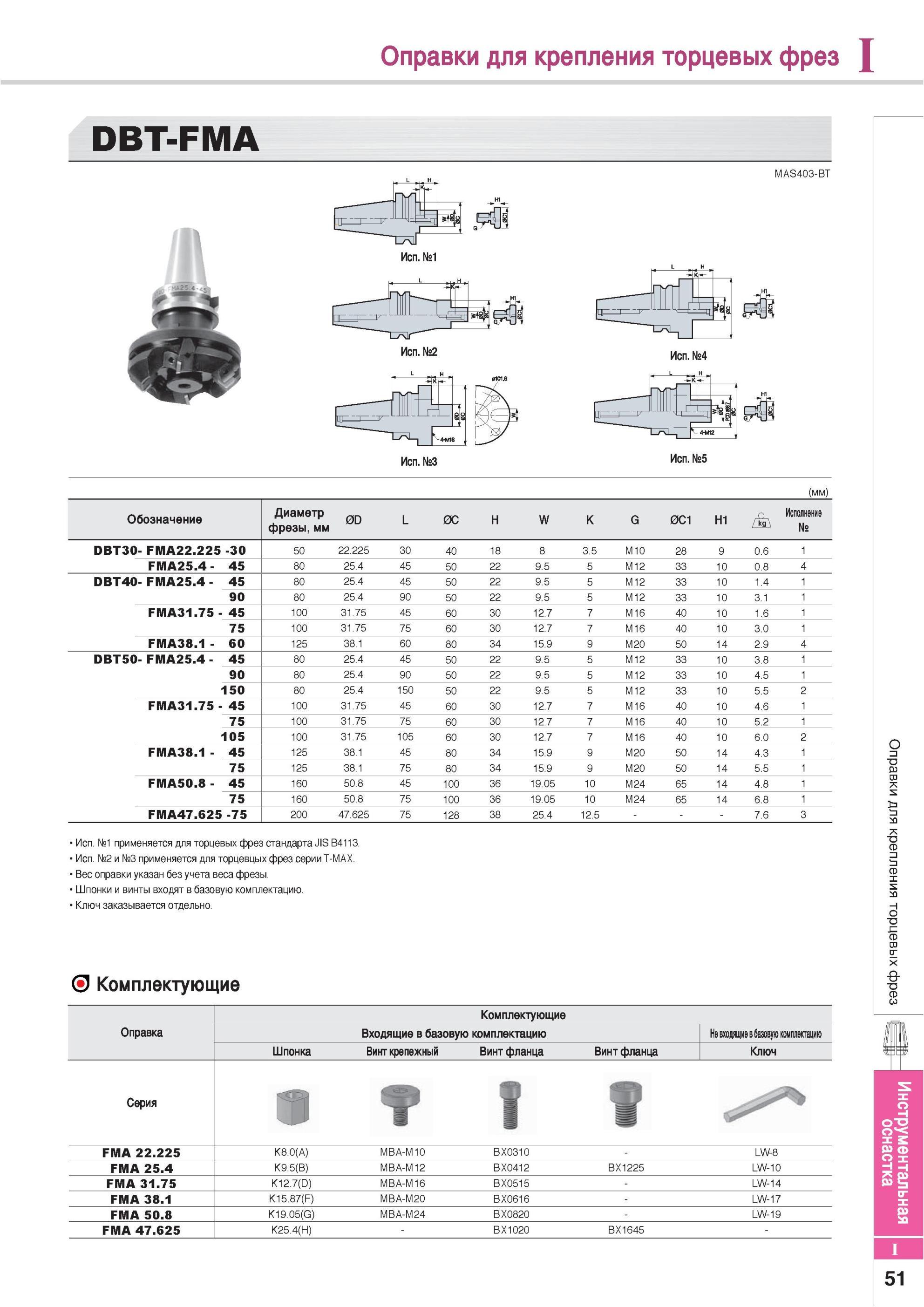 841 Оправки Korloy для крепления торцевых фрез DBT-FMA MAS403-BT Исполнение №1 Исполнение №2 Обозначение Диаметр фрезы мм Инструментальная оснастка 0D L 0C H W Каталог KORLOY 2013 Металлорежущий инструмент Точение Фрезерование Сверление Инструментальная оснастка Стр. I51
