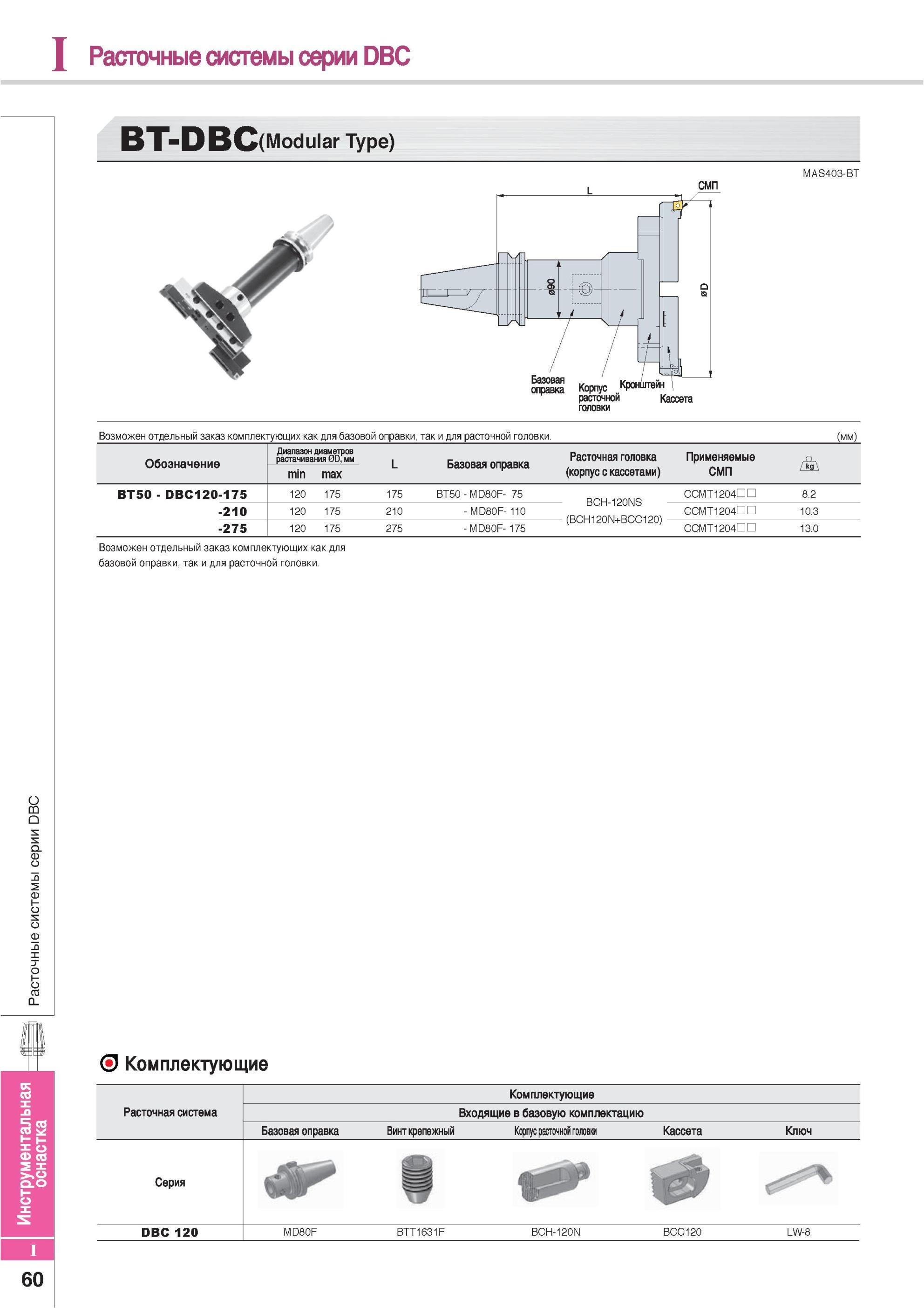 850 Расточные системы Korloy серии DBC BT-DBC (Modular Type) MAS403-BT Возможен отдельный заказ комплектующих как для базовой оправки так и для расточной голов Каталог KORLOY 2013 Металлорежущий инструмент Точение Фрезерование Сверление Инструментальная оснастка Стр. I60