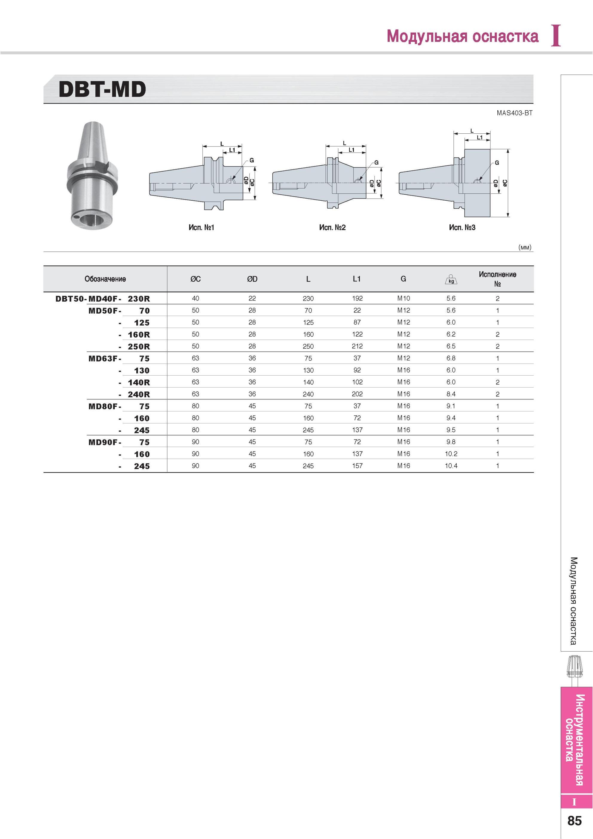 875 Модульная Инструментальная оснастка Korloy DBT-MD MAS403-BT Исполнение №1 Исполнение №2 Обозначение 0C 0D L L1 G Исполнение № DBT50- MD40F- 230R 40 22 230 Каталог KORLOY 2013 Металлорежущий инструмент Точение Фрезерование Сверление Инструментальная оснастка Стр. I85