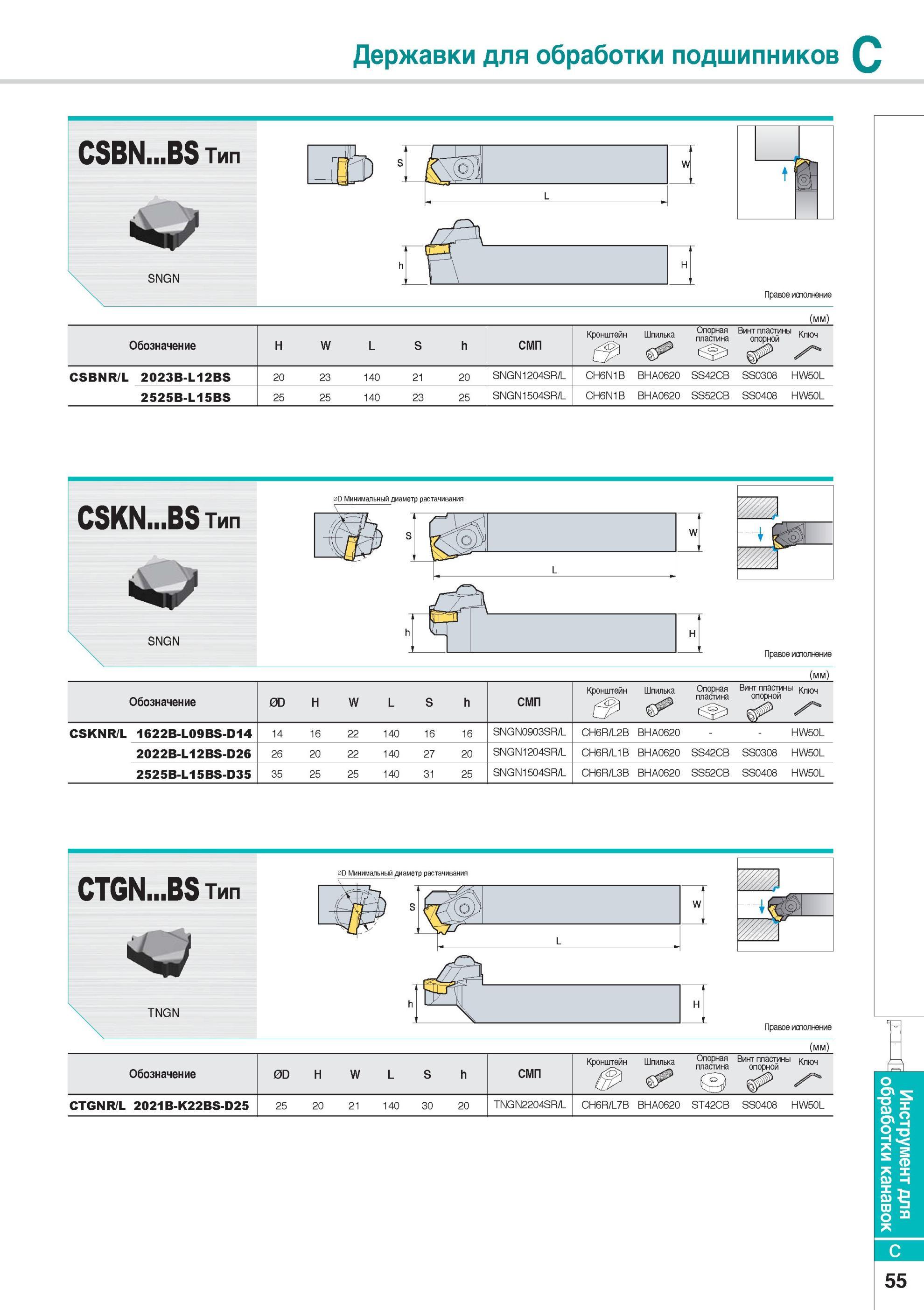 283 Державки для обработки подшипников Токарный инструмент Korloy CSBN BS Тип SNGN _ Каталог KORLOY 2014 Металлорежущий инструмент Точение Фрезерование Сверление Инструментальная оснастка Стр. C55