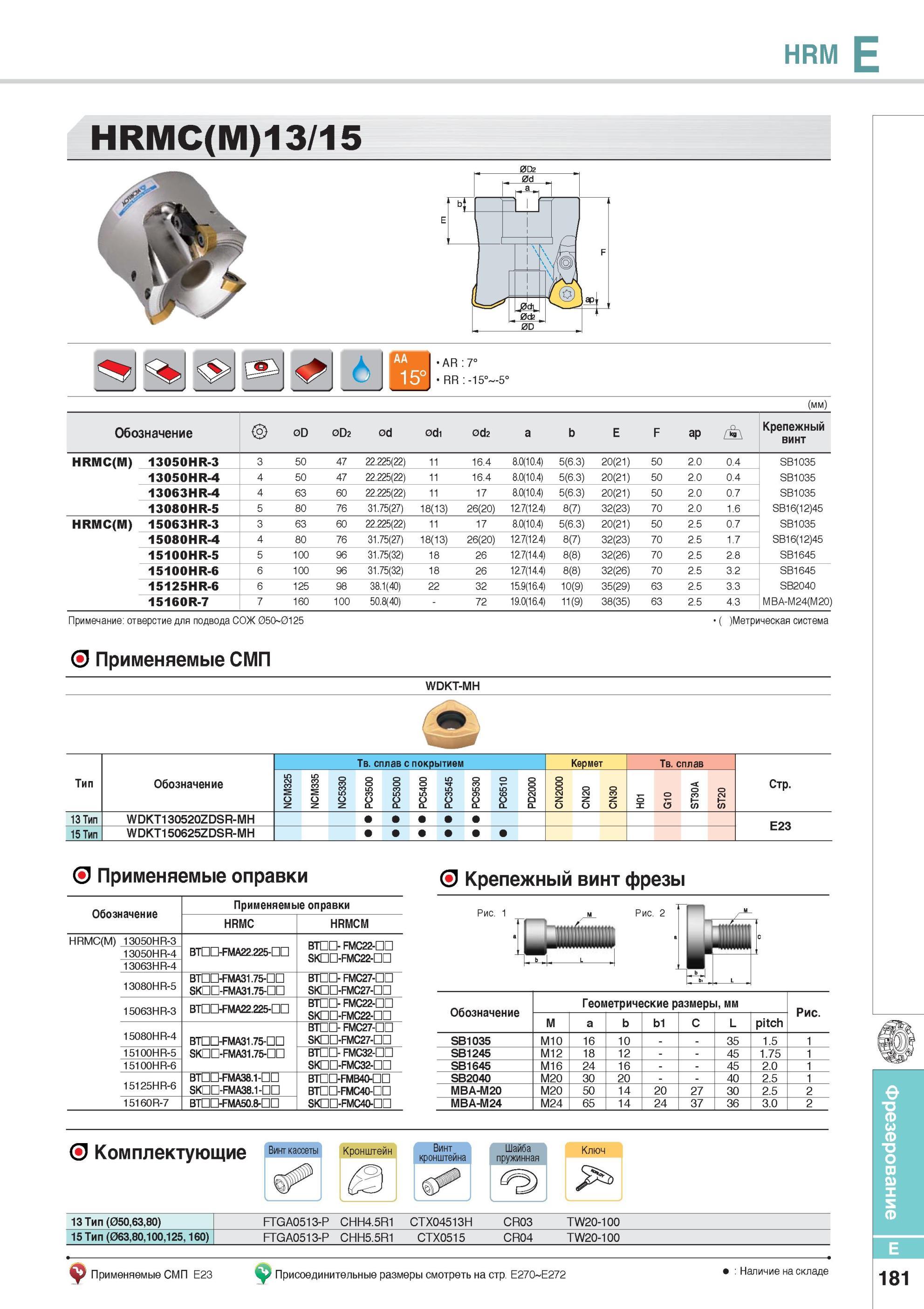 529 Фрезерный инструмент HRMC(M)13/15 Фрезы Korloy со сменными режущими пластинами Каталог KORLOY 2014 Металлорежущий инструмент Точение Фрезерование Сверление Инструментальная оснастка Стр. E181