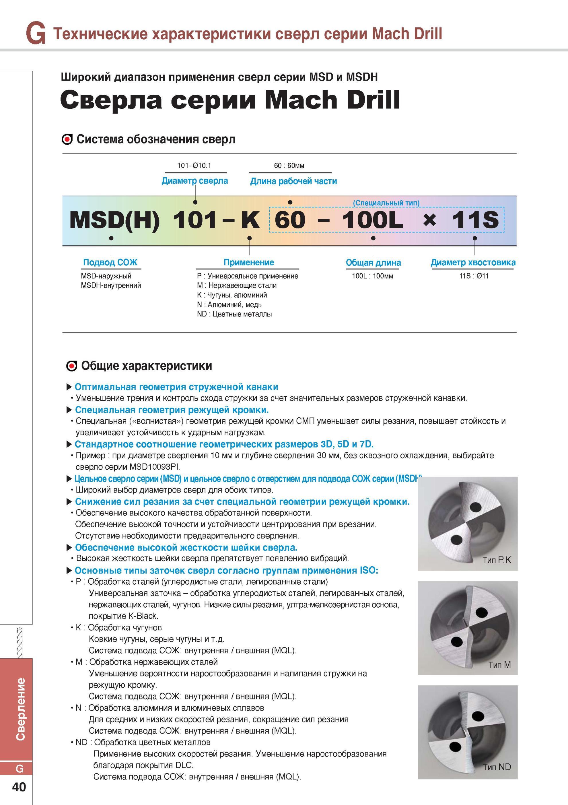 754 Система обозначения твердосплавных спиральных монолитных сверл Korloy MSD MSDH Mach Drill Диаметр сверла Длина рабочей части (Специальный тип) MSD(H) 101- Каталог KORLOY 2014 Металлорежущий инструмент Точение Фрезерование Сверление Инструментальная оснастка Стр. G40