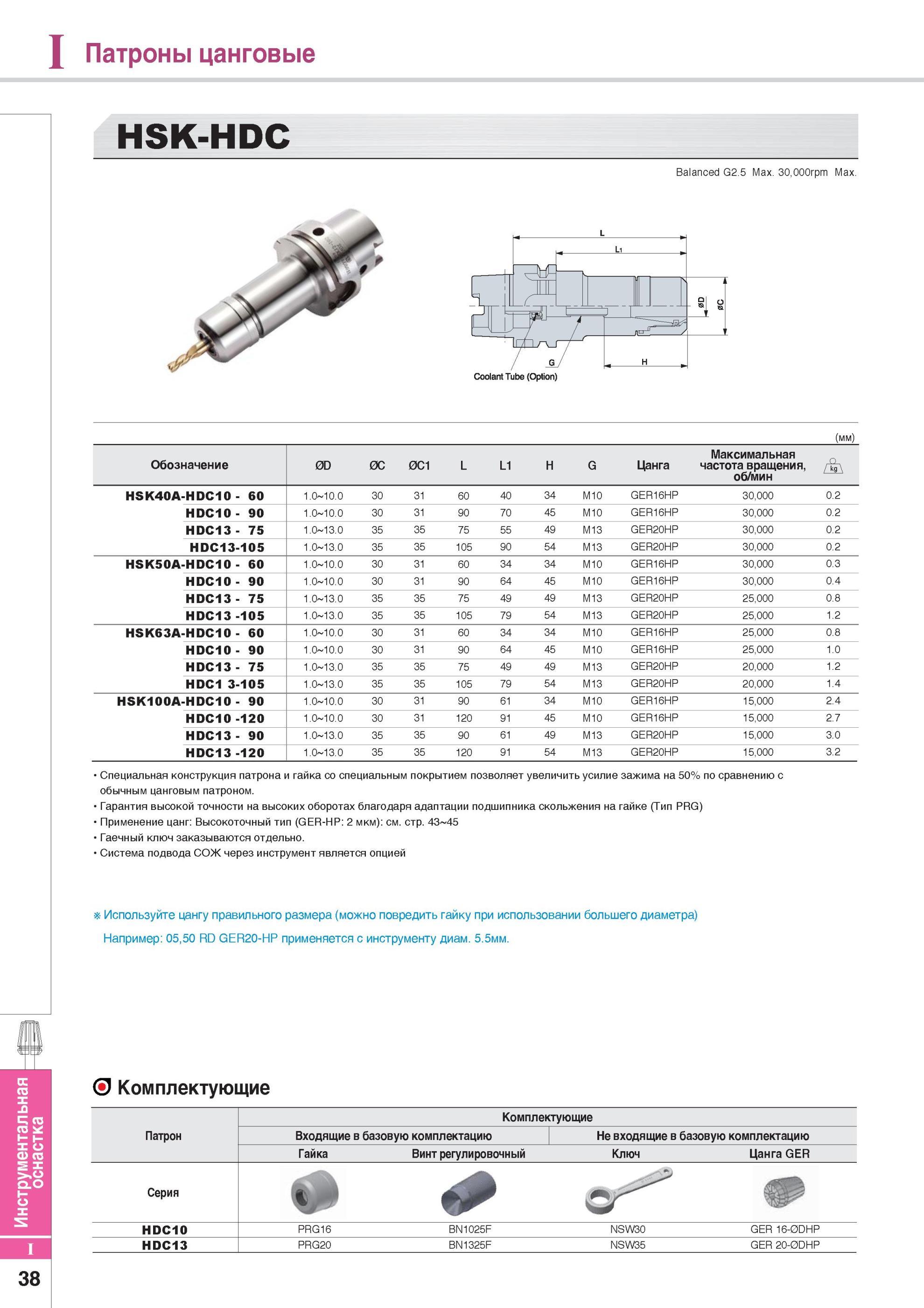 848 Патроны цанговые HSK-HDC Balanced G2 5 Max 30,000rpm Max Специальная конструкция патрона и гайка специальным покрытием позволяет увеличить усилие обычным ц Каталог KORLOY 2014 Металлорежущий инструмент Точение Фрезерование Сверление Инструментальная оснастка Стр. I38