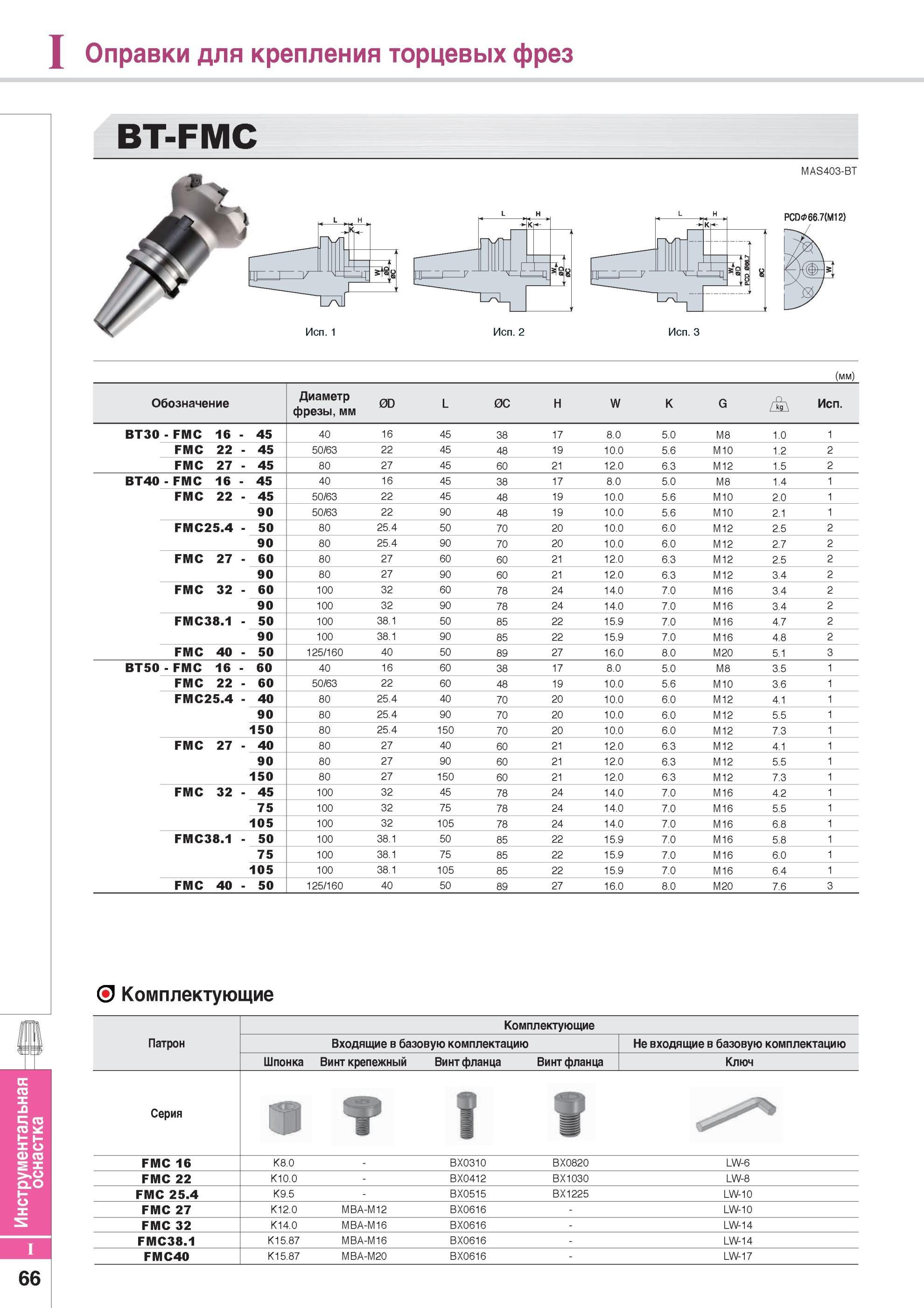 876 Оправки для крепления торцевых фрез BT-FMC Исп 1 MAS403-BT PCD 66 7(M12) Исп 3 (мм) Обозначение Диаметр фрезы, мм 0D L 0C H W K G Исп BT30 - FMC 16 - 45 40 Каталог KORLOY 2014 Металлорежущий инструмент Точение Фрезерование Сверление Инструментальная оснастка Стр. I66