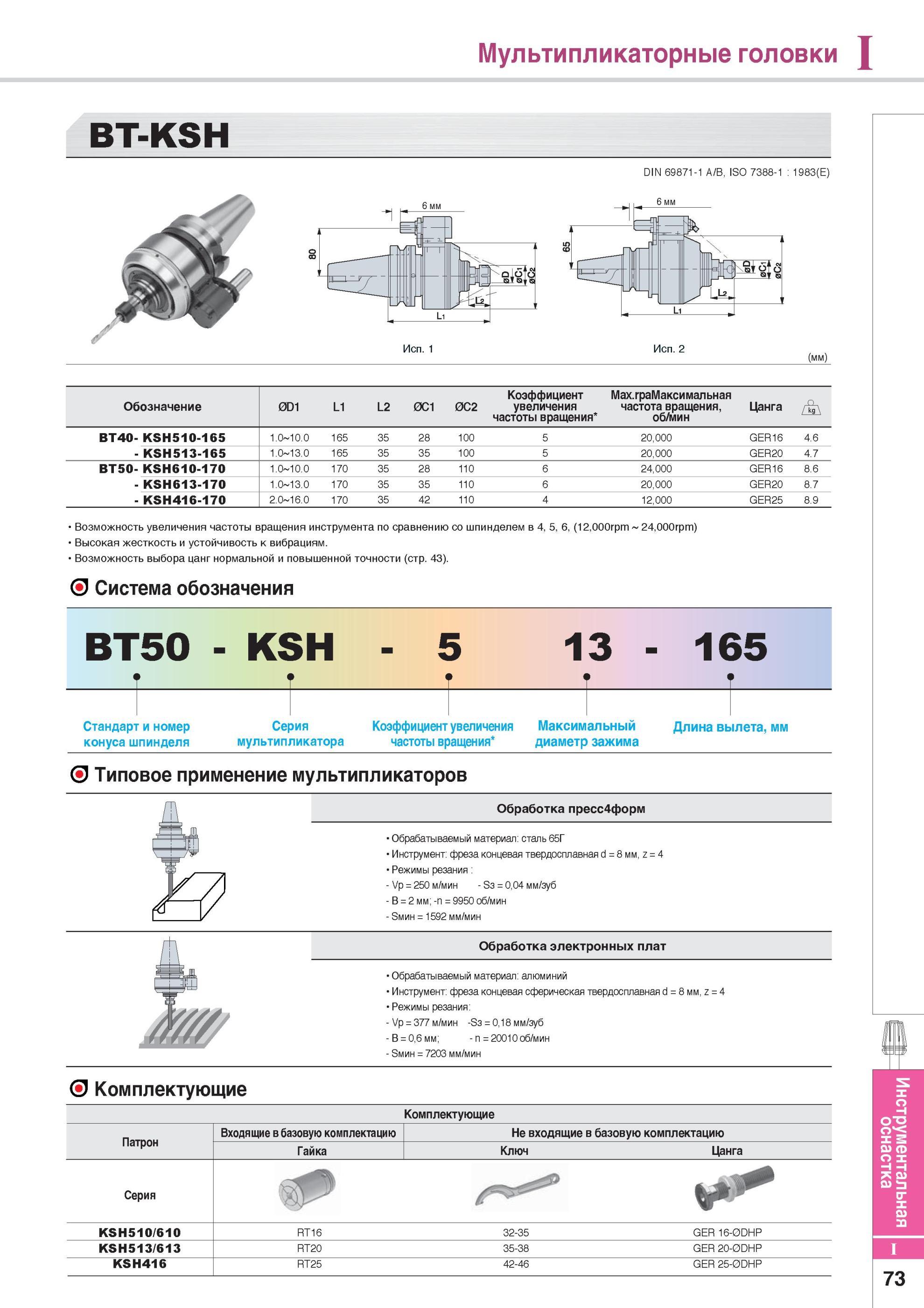 883 Мультипликаторные головки BT-KSH DIN 69871-1 A/B, ISO 7388-1 1983(E) Исп 1 Исп 2 (мм) Обозначение 0D1 L1 L2 0C1 0C2 Коэффициент увеличения частоты вращения Каталог KORLOY 2014 Металлорежущий инструмент Точение Фрезерование Сверление Инструментальная оснастка Стр. I73