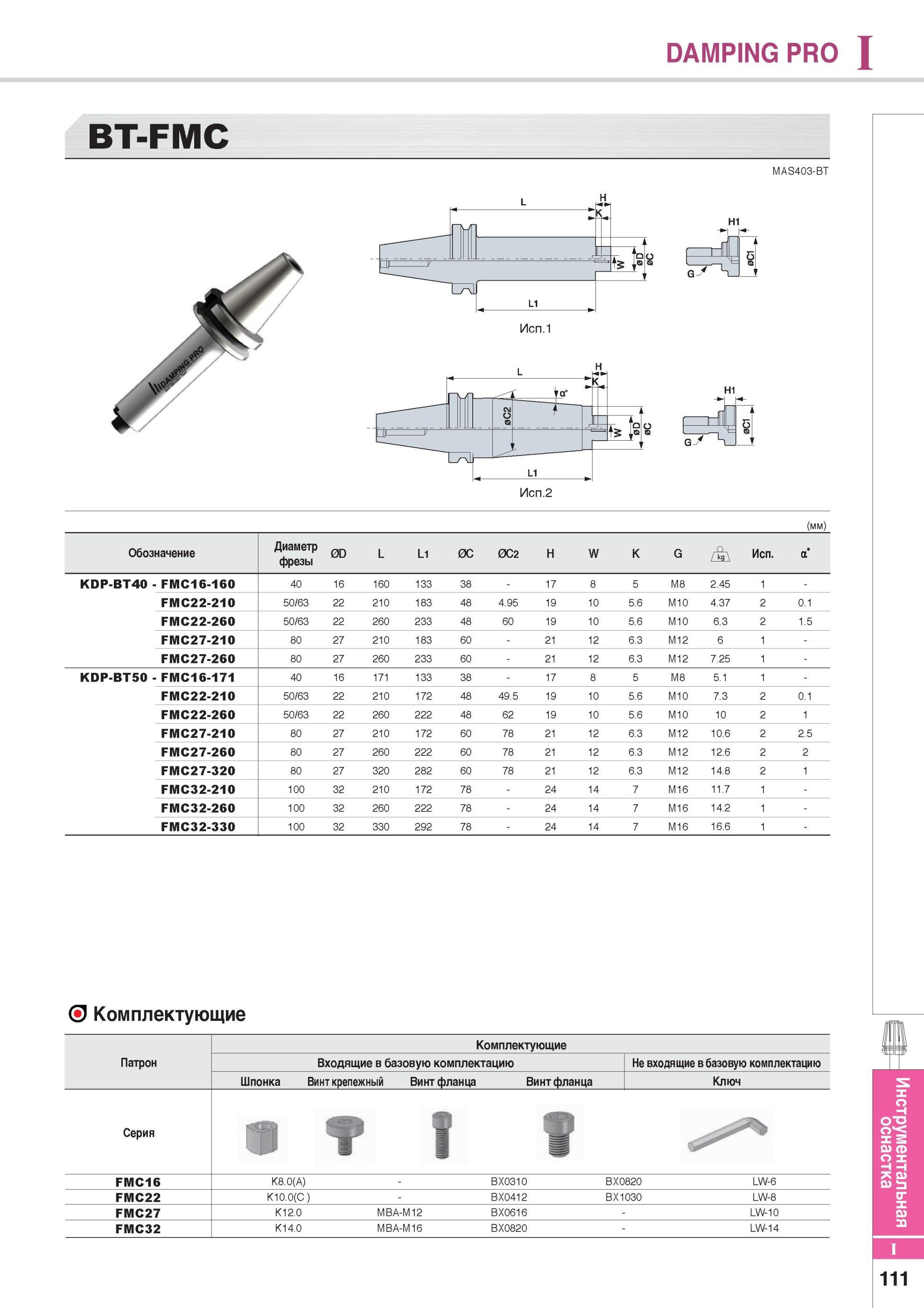 921 DAMPING PRO Вспомогательный инструмент Korloy для металлорежущих станков BT-FMC MAS403-BT (мм) Обозначение Диаметр фрезы 0D L L1 0C 0C2 H W K G А Исп а KDP Каталог KORLOY 2014 Металлорежущий инструмент Точение Фрезерование Сверление Инструментальная оснастка Стр. I111