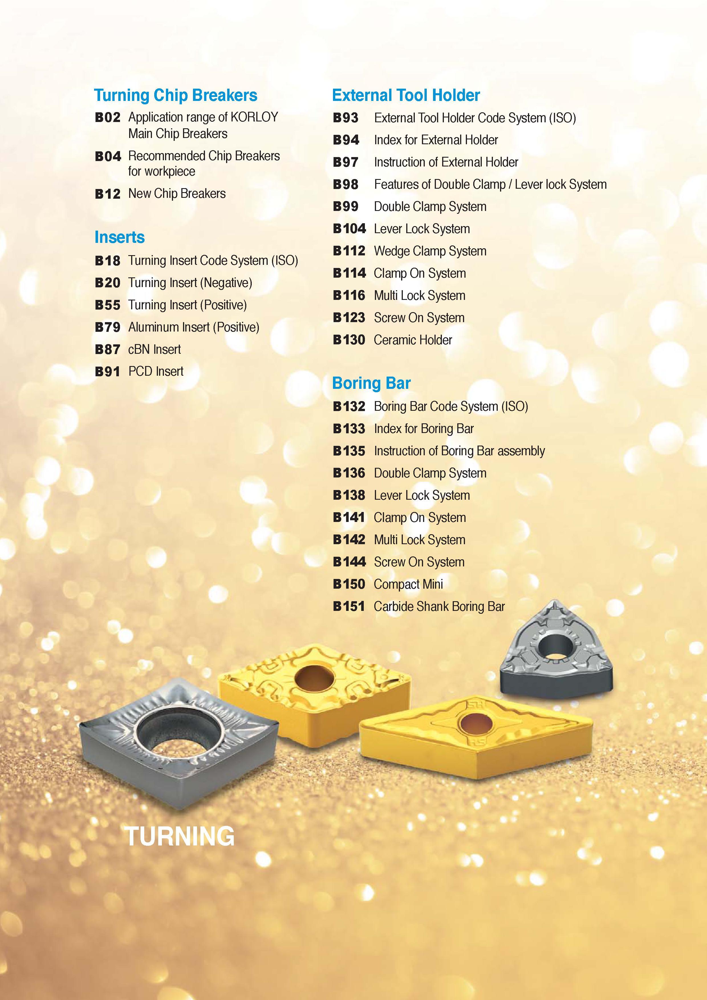 55 Table of contents Part B of Korloy cutting tools catalogue 2016 Turning Chip Breakers Application range of KORLOY Main Chip Breakers Recommended Chip Break Каталог KORLOY 2016 Металлорежущий инструмент для точения фрезерования сверления и инструментальная станочная оснастка для металлообрабатывающих станков Стр. 