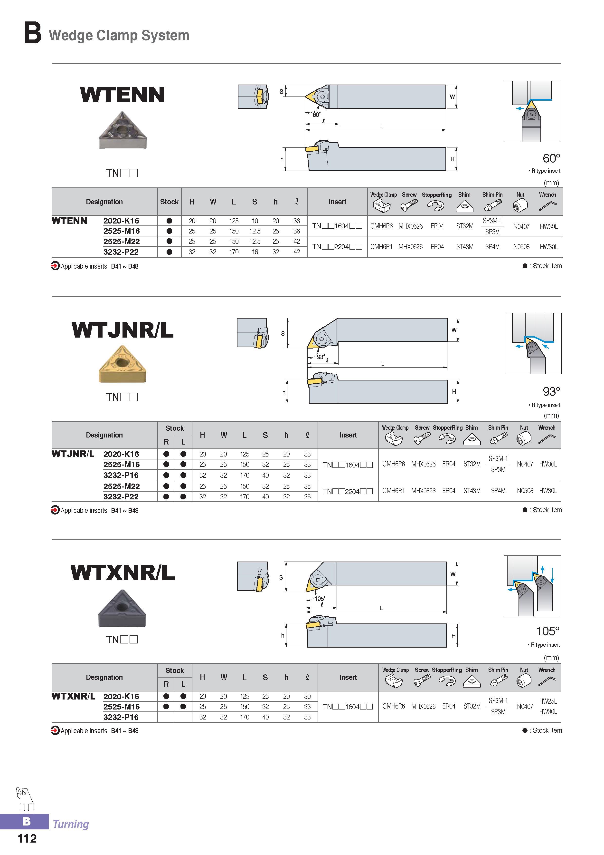 167 B Wedge Clamp System WTENN TNDE 60° R type insert (mm) Designation Stock W Insert Wedge Clamp Screw StopperRing Shim WTENN 2020-K16 20 20 125 10 20 36 2525 Каталог KORLOY 2016 Металлорежущий инструмент для точения фрезерования сверления и инструментальная станочная оснастка для металлообрабатывающих станков Стр. B112