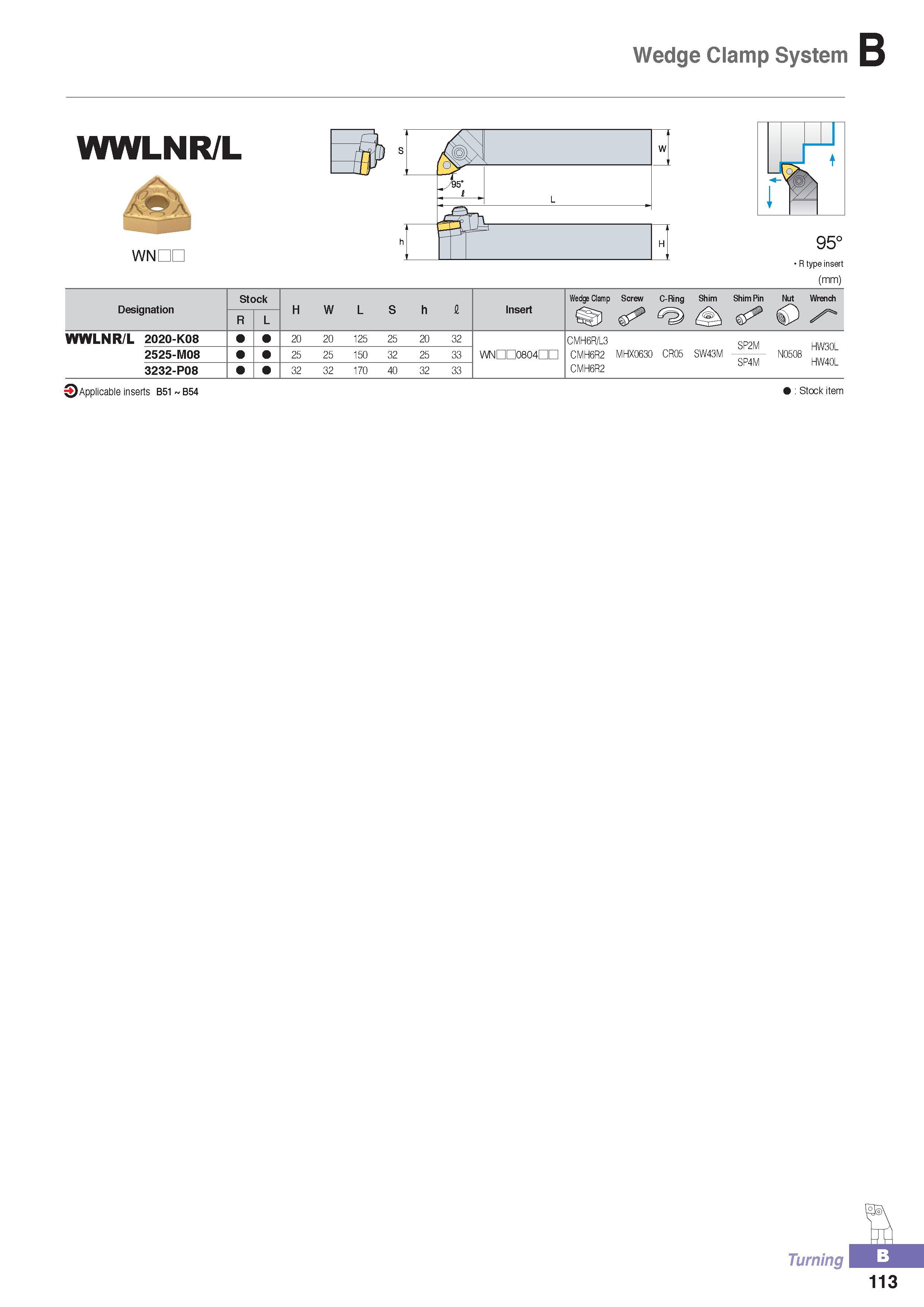 168 Wedge Clamp System WWLNR/L WNDE 95° R type insert (mm) Designation Stock H W L S h Insert Wedge Clamp Screw C-Ring Shim Shim Pin Nut Wrench Q R L WWLNR/L 2 Каталог KORLOY 2016 Металлорежущий инструмент для точения фрезерования сверления и инструментальная станочная оснастка для металлообрабатывающих станков Стр. B113