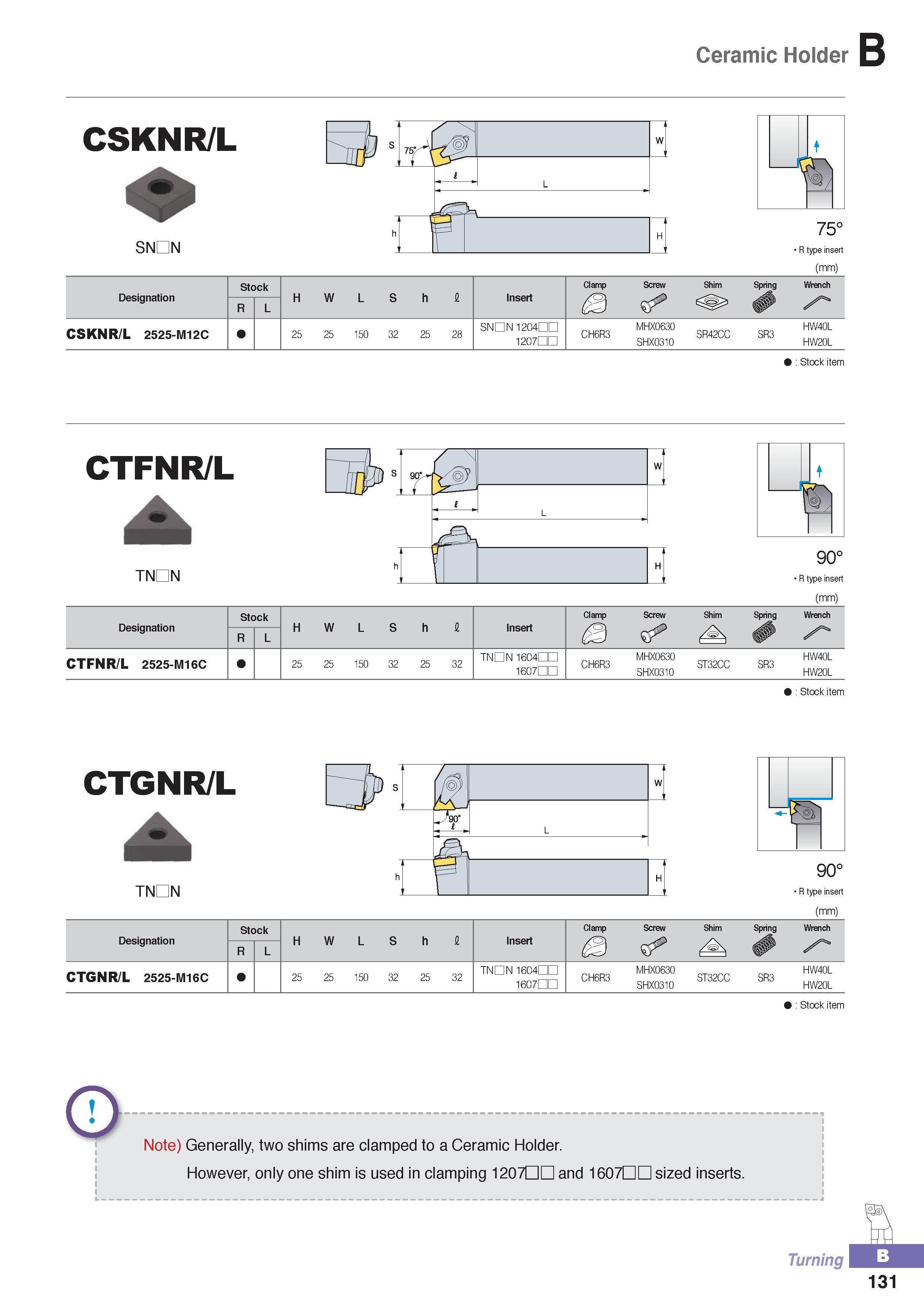 186 Ceramic Holder CSKNR/L SNDN 75° R type insert (mm) Designation Stock H W L S h i Insert Clamp 3 Screw Shim Spring Wrench R L CSKNR/L 2525-M12C 25 25 150 32 Каталог KORLOY 2016 Металлорежущий инструмент для точения фрезерования сверления и инструментальная станочная оснастка для металлообрабатывающих станков Стр. B131