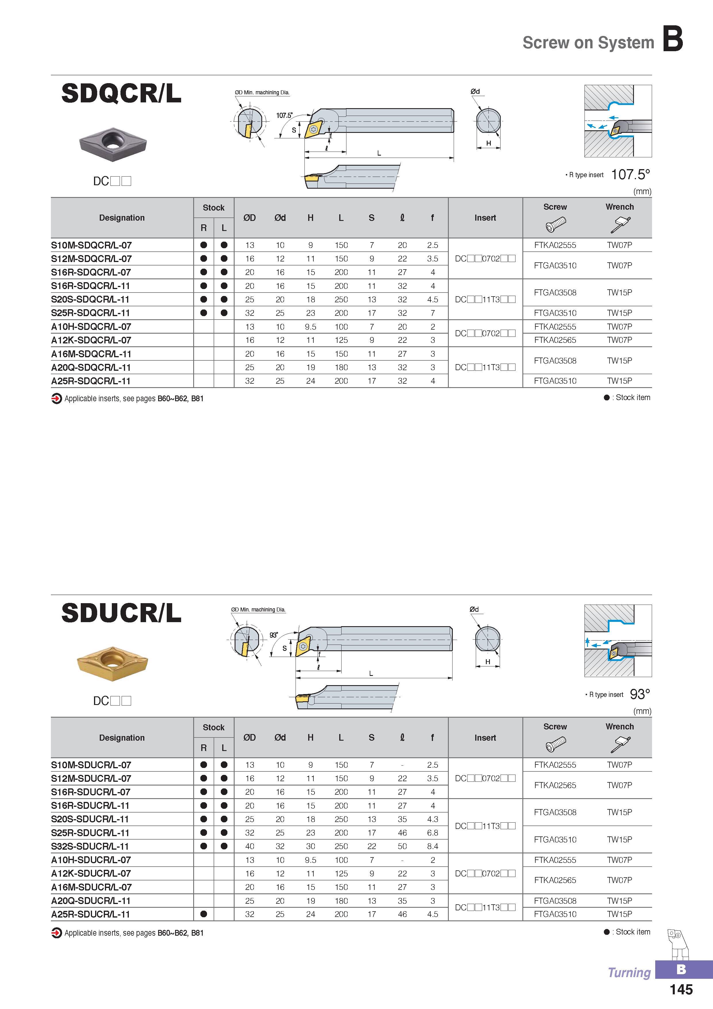 200 Screw on System Designation Stock 0D 0d H L S fl Insert Screw Wrench R L F S10M-SDQCR/L-07 13 10 9 150 7 20 2 5 FTKA02555 TW07P S12M-SDQCR/L-07 16 12 11 15 Каталог KORLOY 2016 Металлорежущий инструмент для точения фрезерования сверления и инструментальная станочная оснастка для металлообрабатывающих станков Стр. B145