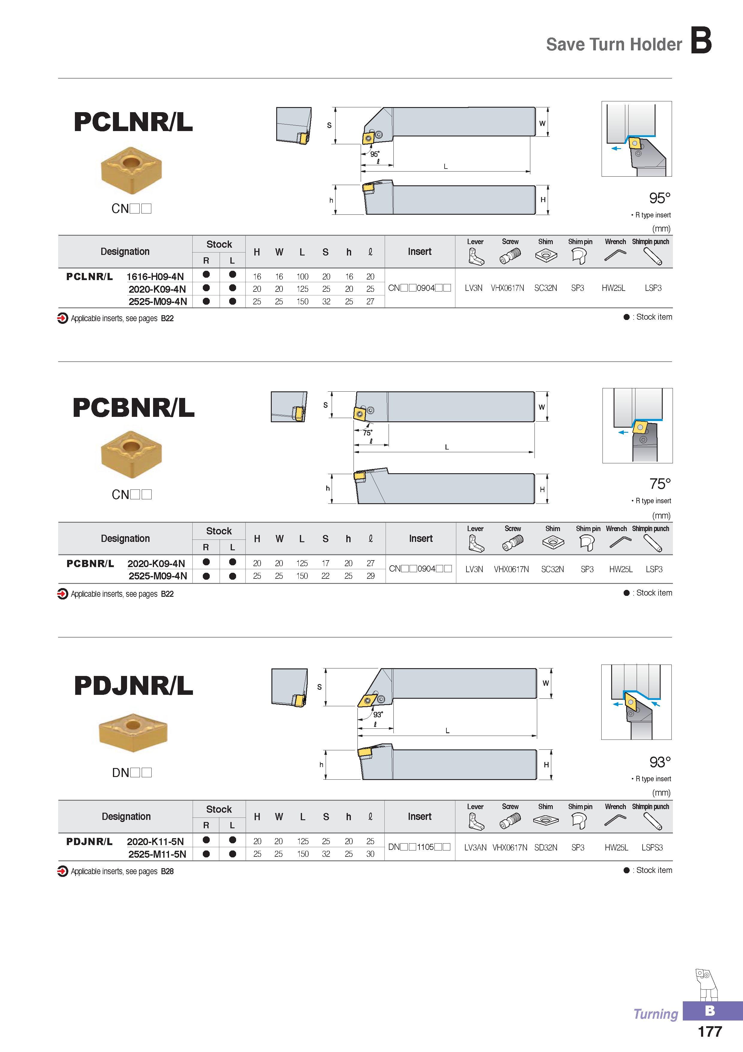 232 Save Turn Holder PCLNR/L CNDH 95° R type insert (mm) Designation Stock H W L S h fl Insert Lever is Screw Shim Shim pin Wrench k Sh R L PCLNR/L 1616-H09-4N Каталог KORLOY 2016 Металлорежущий инструмент для точения фрезерования сверления и инструментальная станочная оснастка для металлообрабатывающих станков Стр. B177