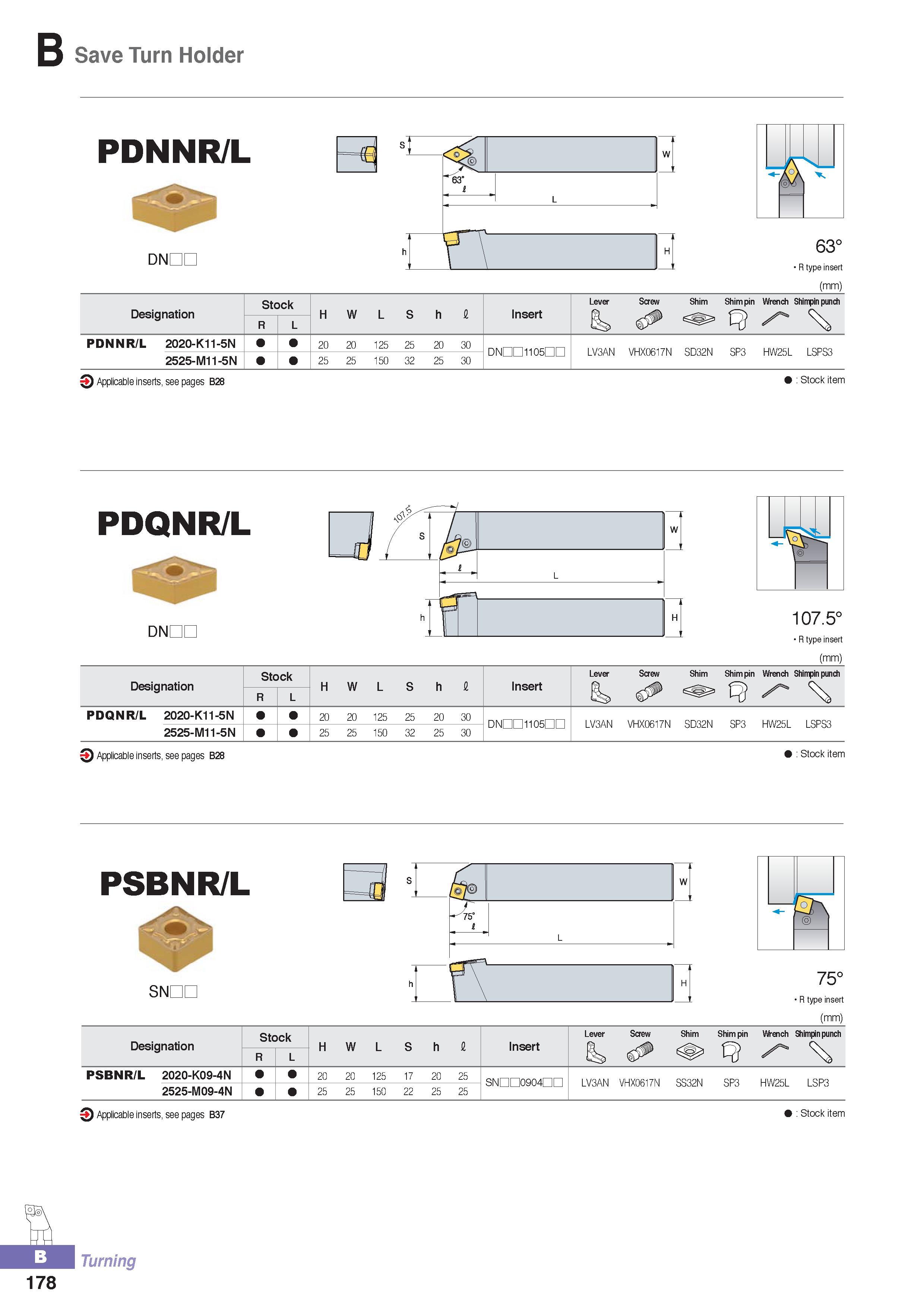 233 Save Turn Holder PDNNR/L dndc 63° R type insert (mm) Designation Stock H W L S h i Insert Lever Screw Shim Shim pin Wrench Shimpin punch R L PDNNR/L 2020-K Каталог KORLOY 2016 Металлорежущий инструмент для точения фрезерования сверления и инструментальная станочная оснастка для металлообрабатывающих станков Стр. B178