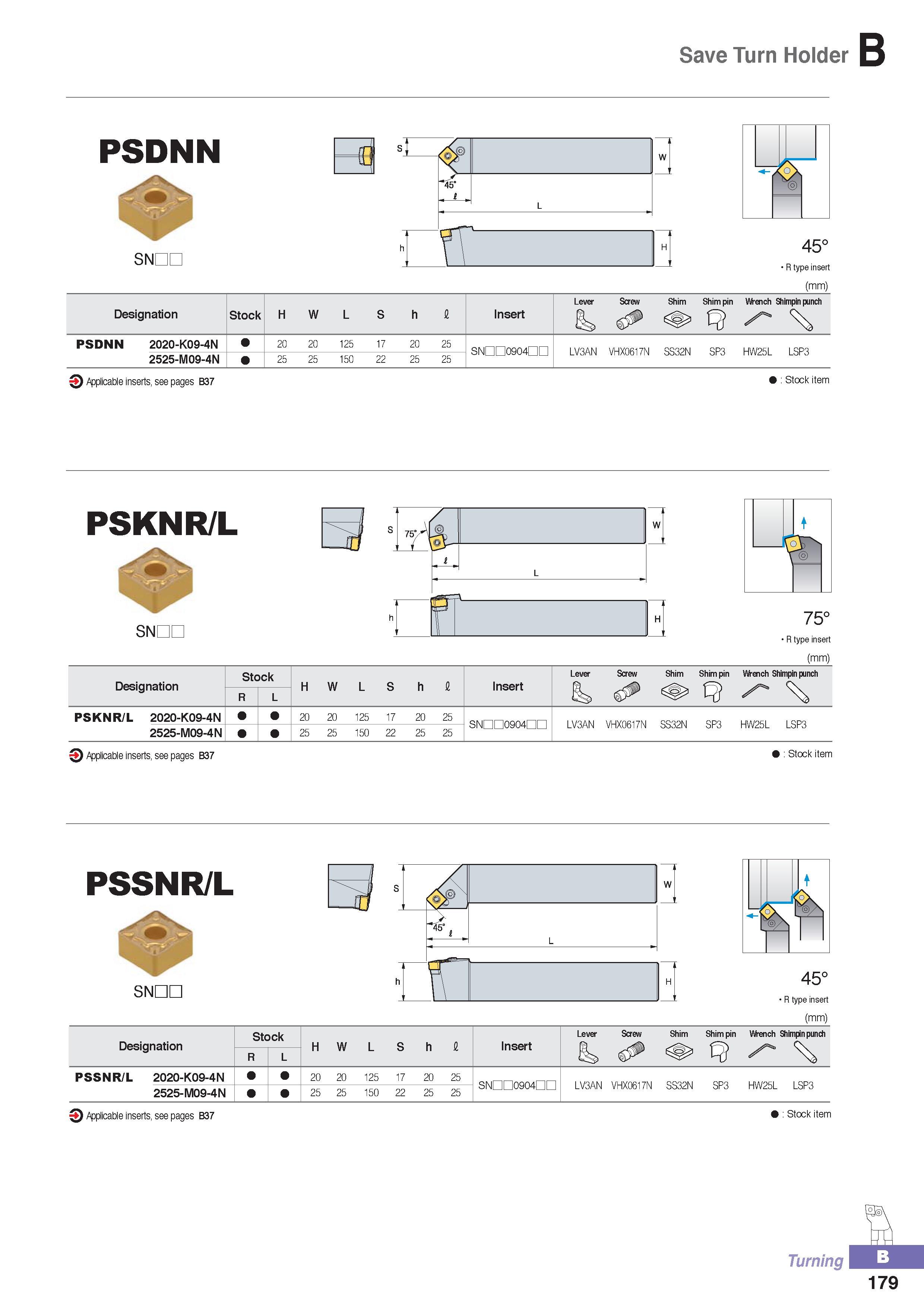 234 Save Turn Holder PSDNN SNcn 45° R type insert (mm) Designation Stock H W L S h fl Insert Lever Screw 6a, Shim Shim pin Wrench Shimpin punch PSDNN 2020-K09- Каталог KORLOY 2016 Металлорежущий инструмент для точения фрезерования сверления и инструментальная станочная оснастка для металлообрабатывающих станков Стр. B179