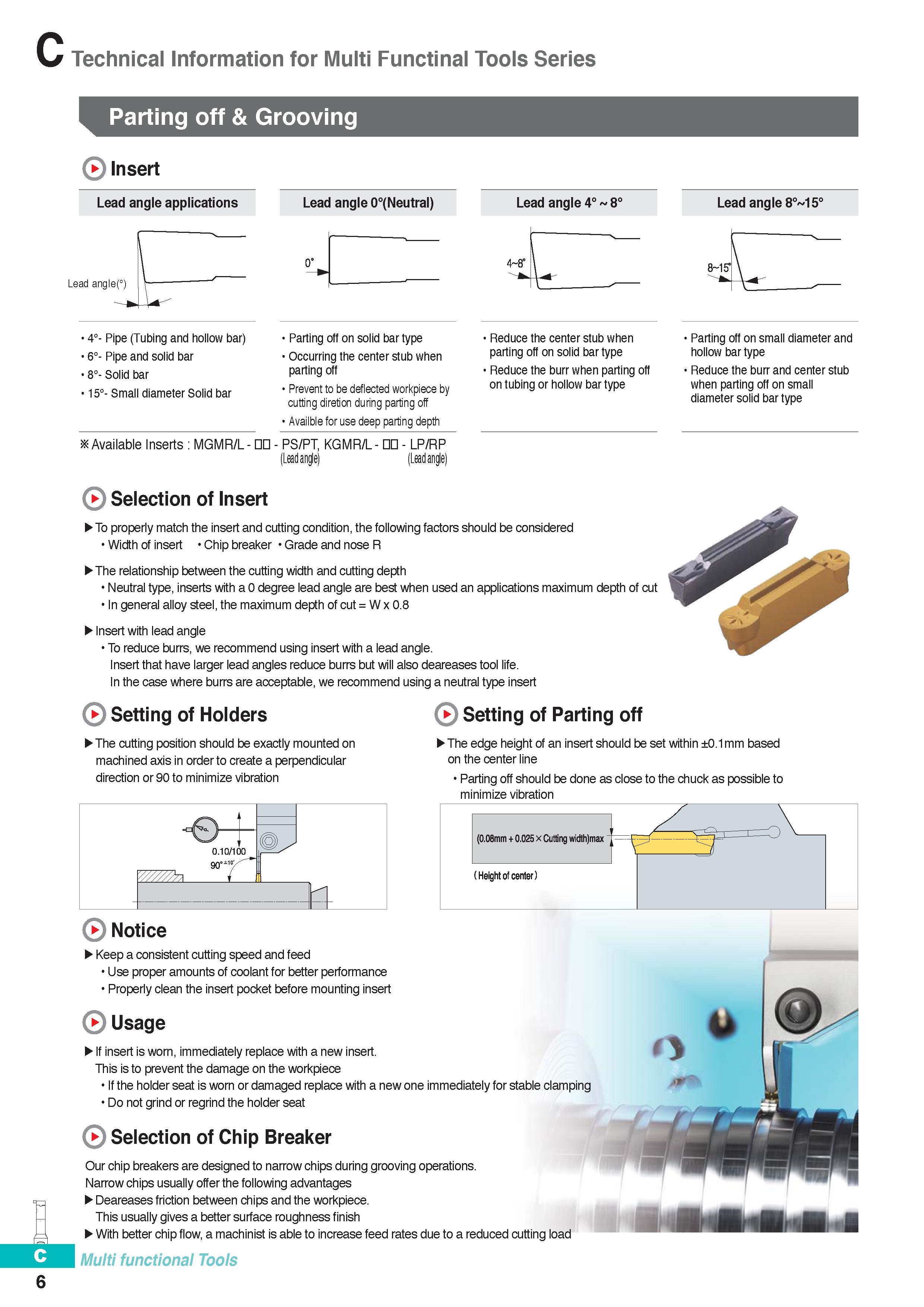 265 Multi Functinal lathe Tools Korloy Parting off and Grooving Insert Lead angle applications Lead angle 0°(Neutral) Lead angle 4° 8° Lead angle 8° 15° Lead a Каталог KORLOY 2016 Металлорежущий инструмент для точения фрезерования сверления и инструментальная станочная оснастка для металлообрабатывающих станков Стр. C6