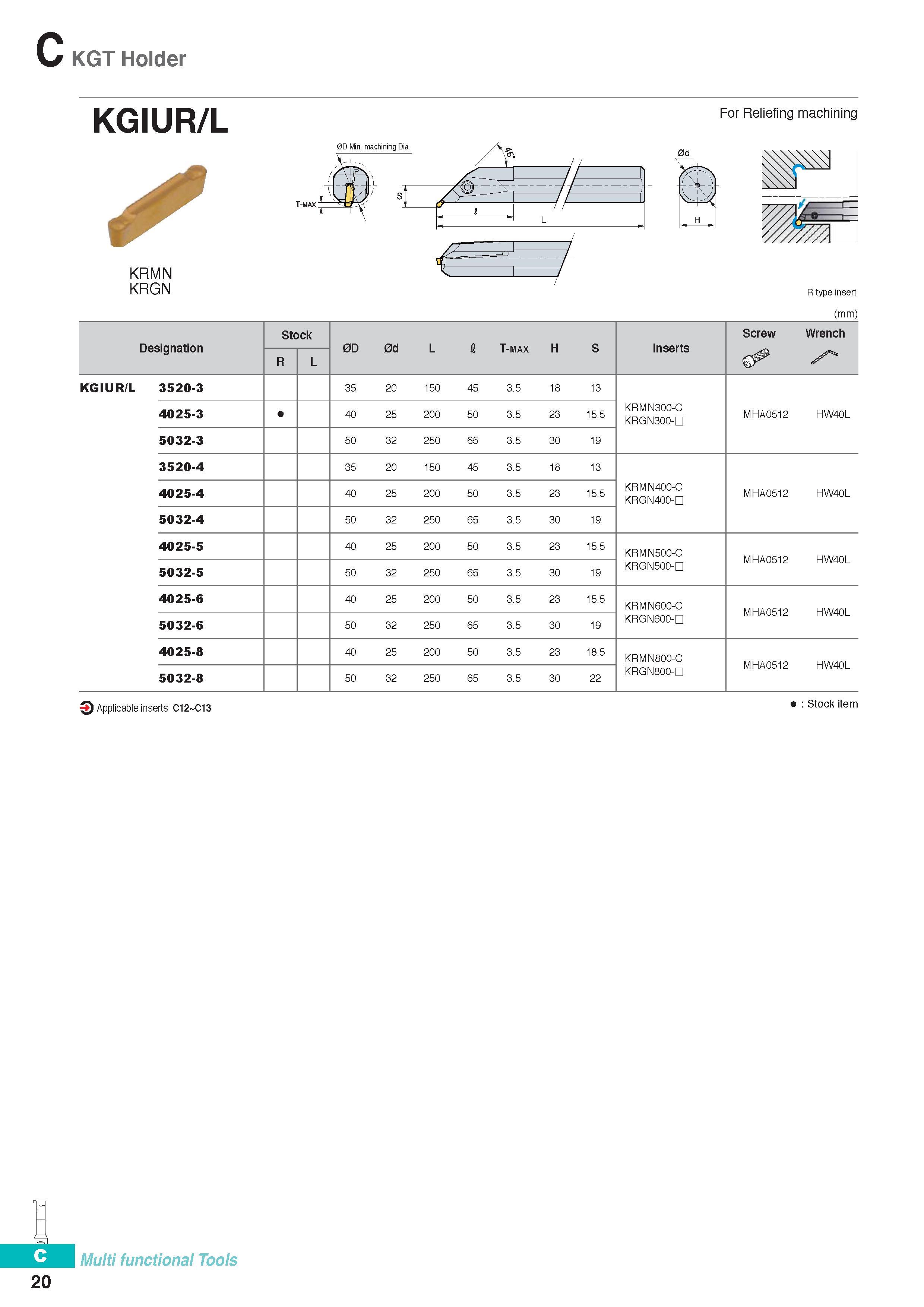 279 KGT Holder KGIUR/L For Reliefing machining KRMN KRGN R type insert (mm) Stock Screw Wrench Designation 0D 0d L I T-max H S Inserts R L KGIUR/L 3520-3 35 20 Каталог KORLOY 2016 Металлорежущий инструмент для точения фрезерования сверления и инструментальная станочная оснастка для металлообрабатывающих станков Стр. C20