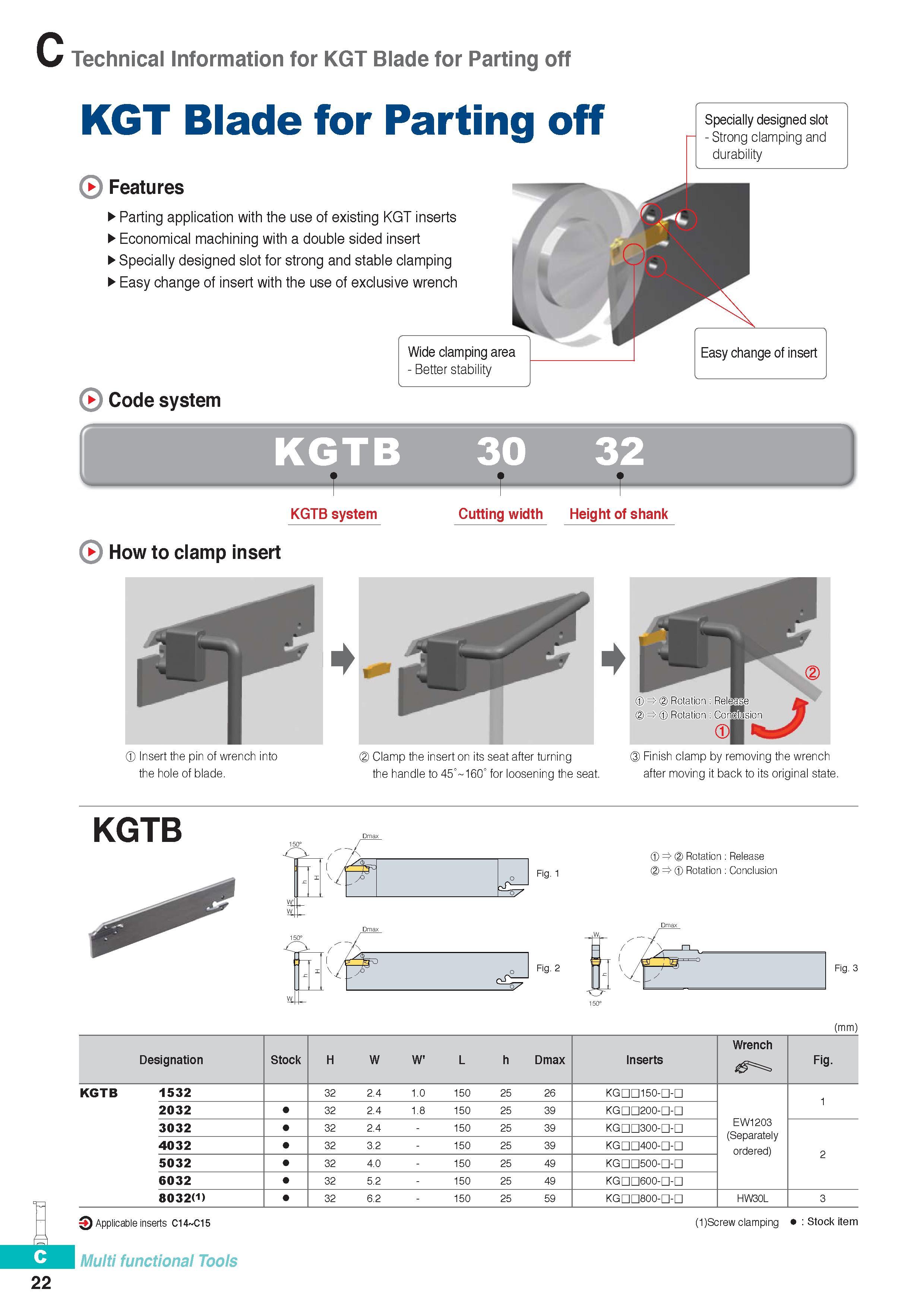 281 KGT Blade Korloy for Parting off Features Parting application with the use of existing KGT inserts Economical machining with a double sided insert Speciall Каталог KORLOY 2016 Металлорежущий инструмент для точения фрезерования сверления и инструментальная станочная оснастка для металлообрабатывающих станков Стр. C22