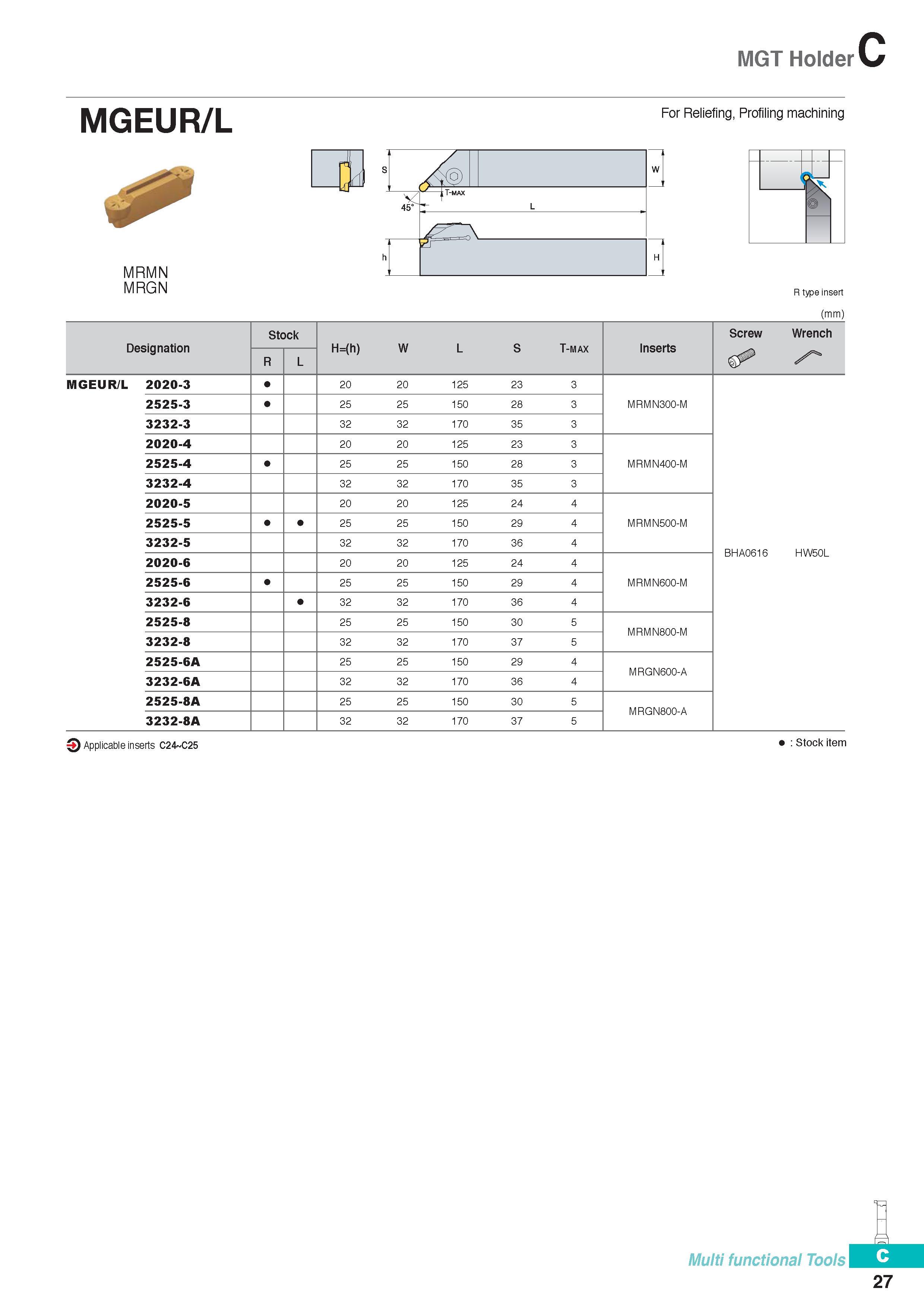 286 MGT Holder MGEUR/L For Reliefing, Profiling machining MRMN MRGN R type insert (mm) Designation Stock H (h) W L S T-max Inserts Screw Wrench R L MGEUR/L 202 Каталог KORLOY 2016 Металлорежущий инструмент для точения фрезерования сверления и инструментальная станочная оснастка для металлообрабатывающих станков Стр. C27