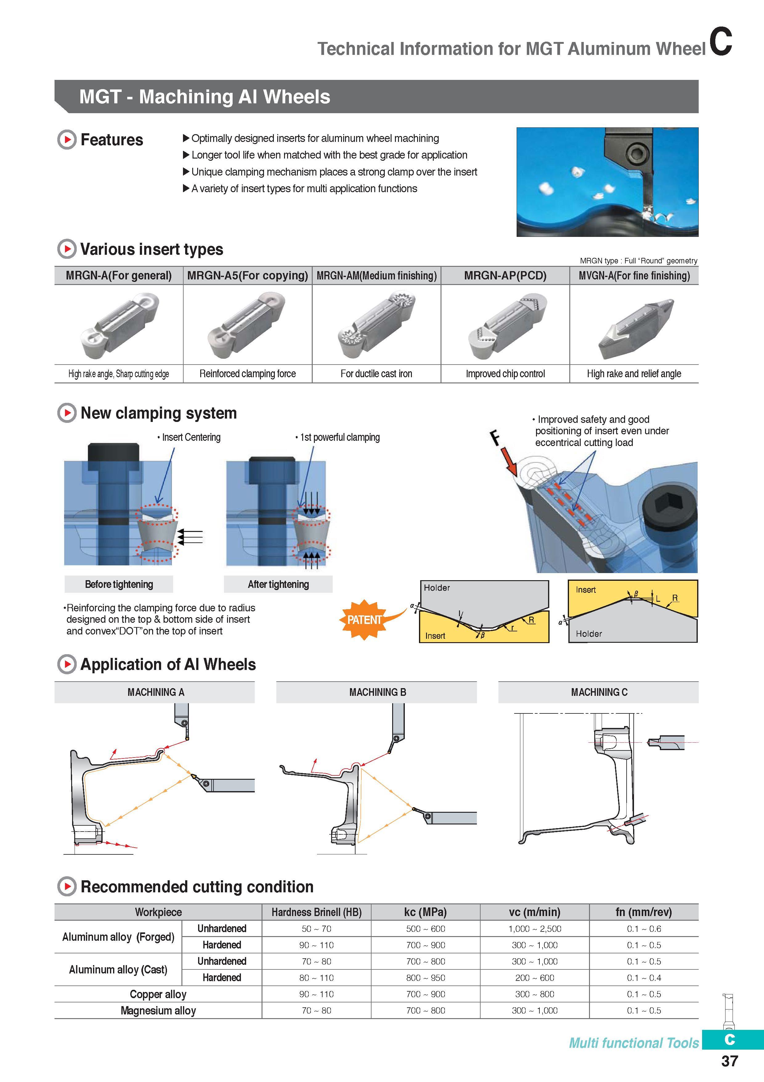 296 Technical Information for MGT Aluminum Wheel MGT - Machining Al Wheels Features Optimally designed inserts for aluminum wheel machining Longer tool life wh Каталог KORLOY 2016 Металлорежущий инструмент для точения фрезерования сверления и инструментальная станочная оснастка для металлообрабатывающих станков Стр. C37
