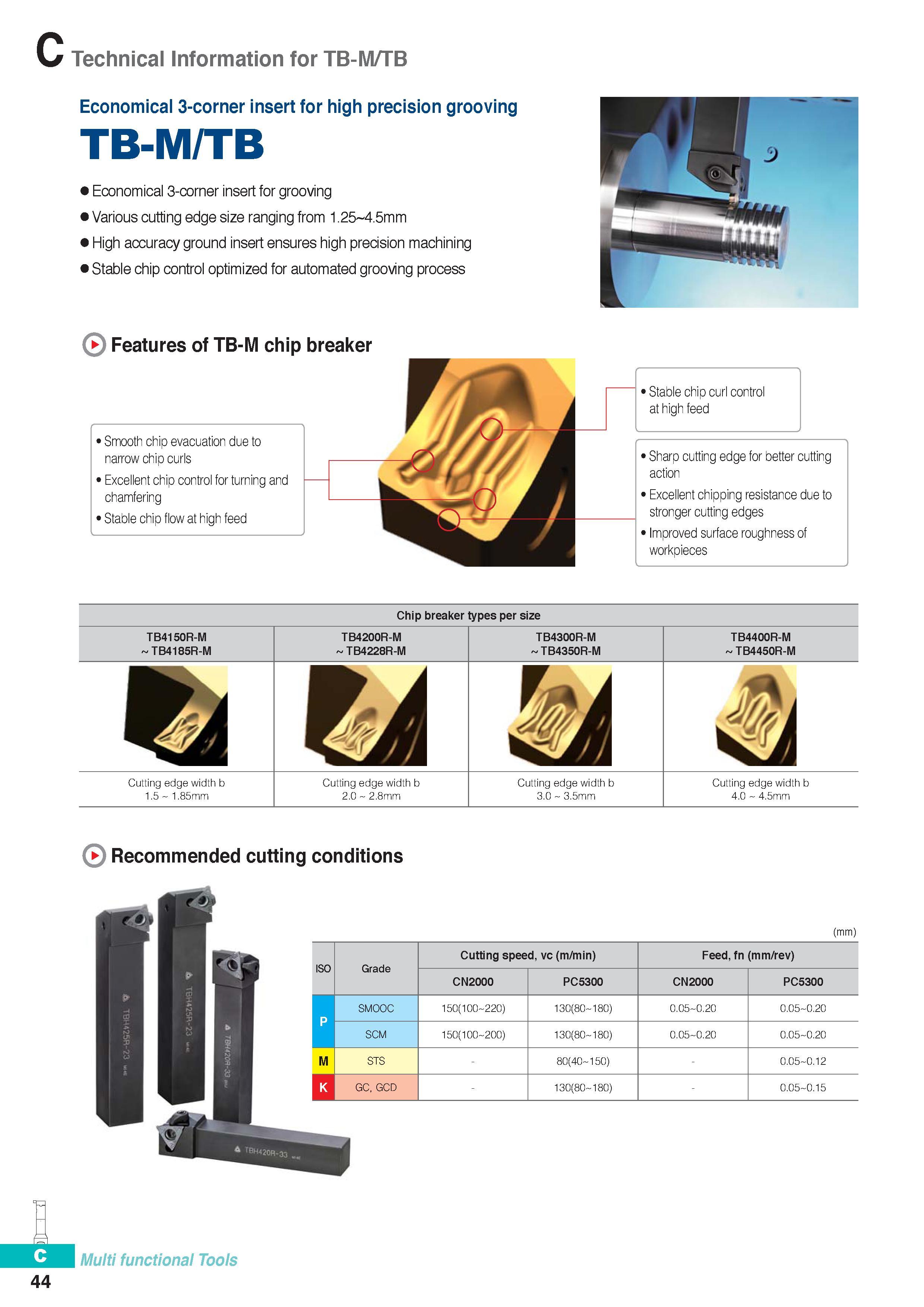303 Economical 3-corner insert Korloy TB-M/TB for grooving Various cutting edge size ranging from 1 25 4 5mm High accuracy ground insert ensures high precision Каталог KORLOY 2016 Металлорежущий инструмент для точения фрезерования сверления и инструментальная станочная оснастка для металлообрабатывающих станков Стр. C44